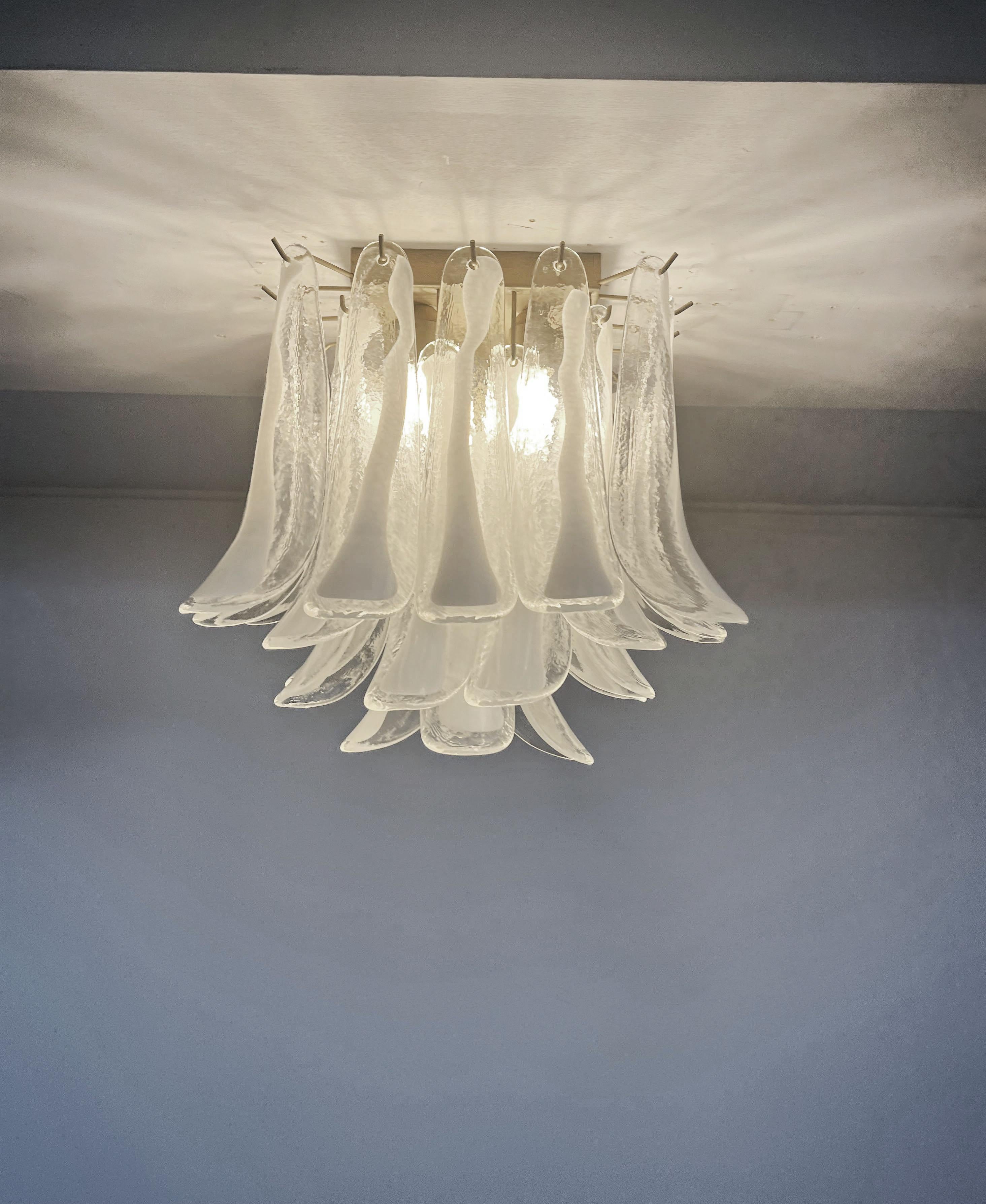 Galvanized Murano Ceiling Lamp, 32 Lattimo and Clear Glass Petals For Sale