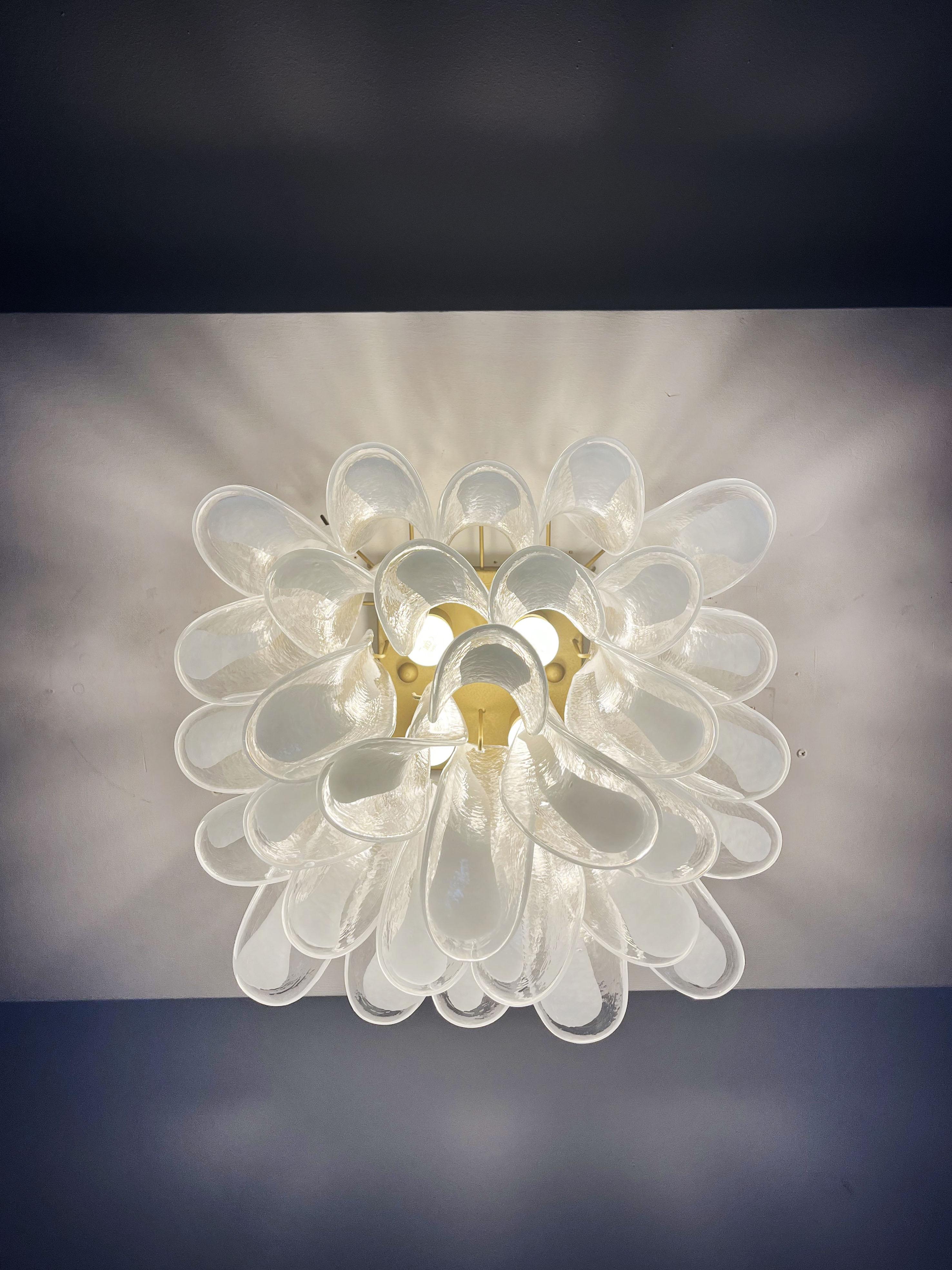 Art Glass Murano Ceiling Lamp, 32 Lattimo and Clear Glass Petals For Sale