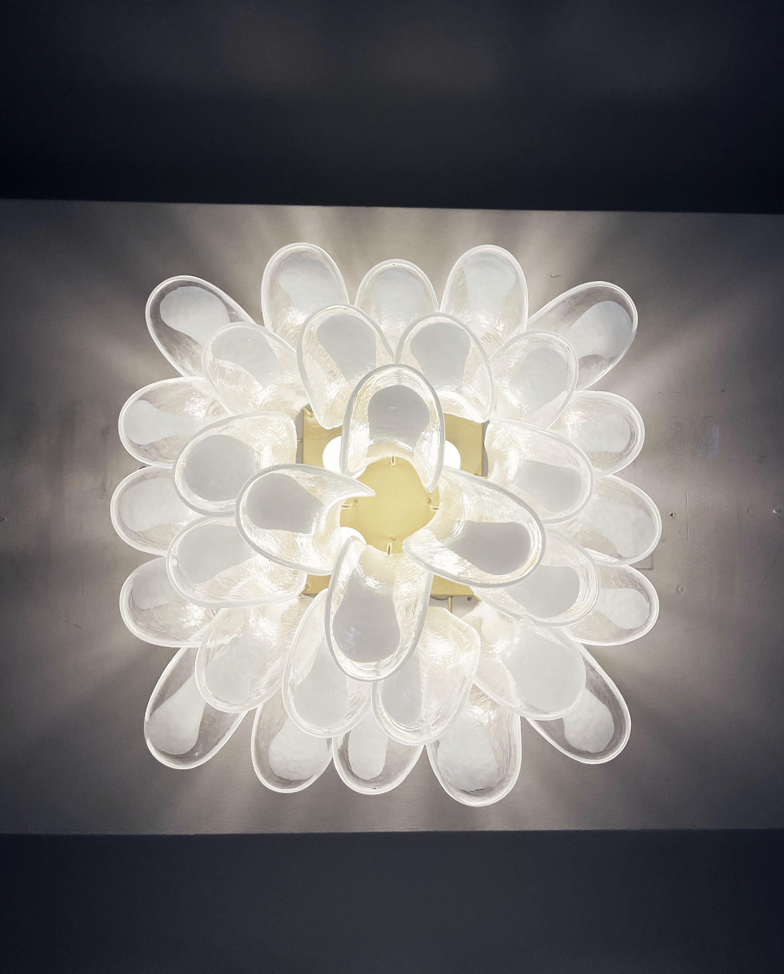 Murano Ceiling Lamp, 32 Lattimo and Clear Glass Petals For Sale 1