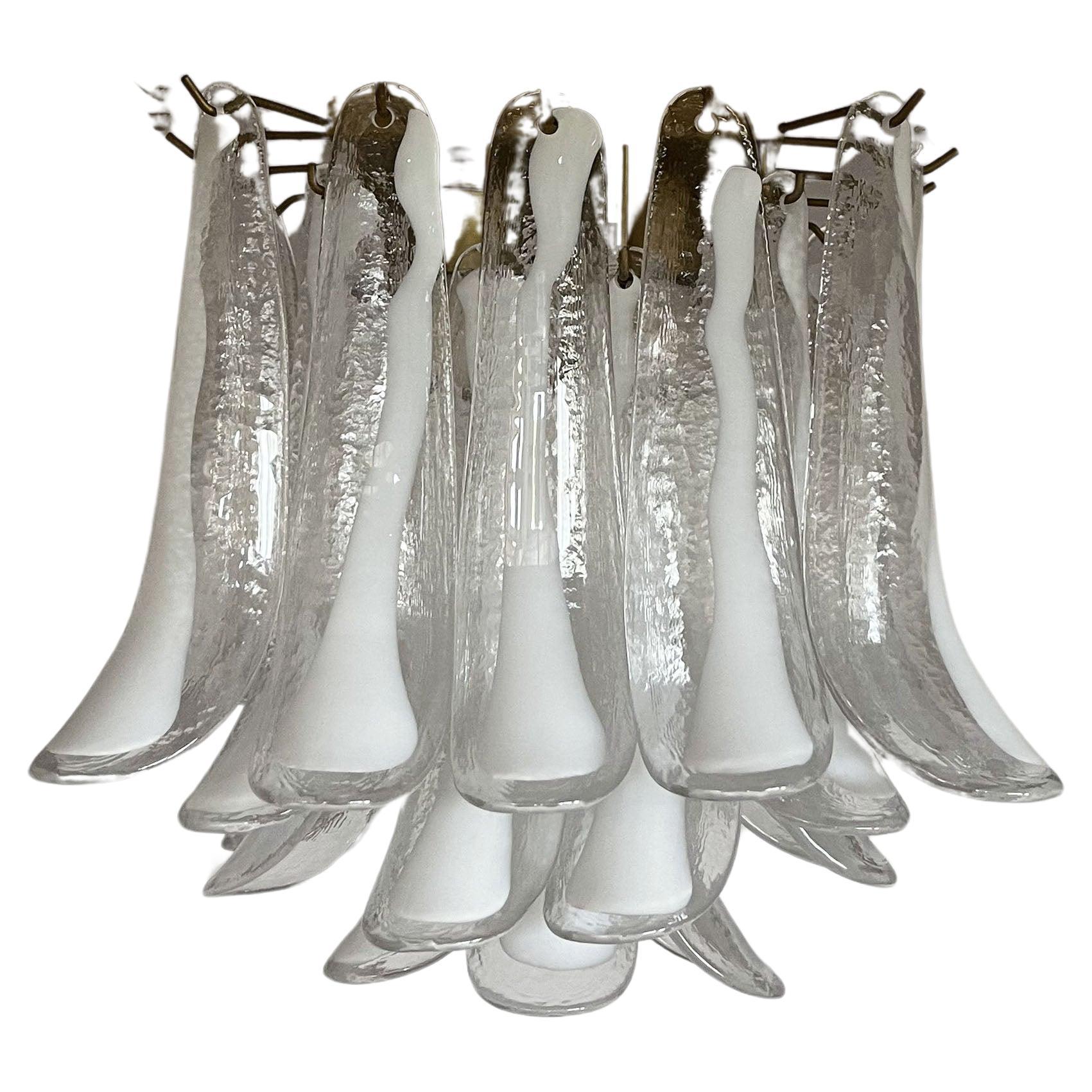Murano Ceiling Lamp, 32 Lattimo and Clear Glass Petals For Sale