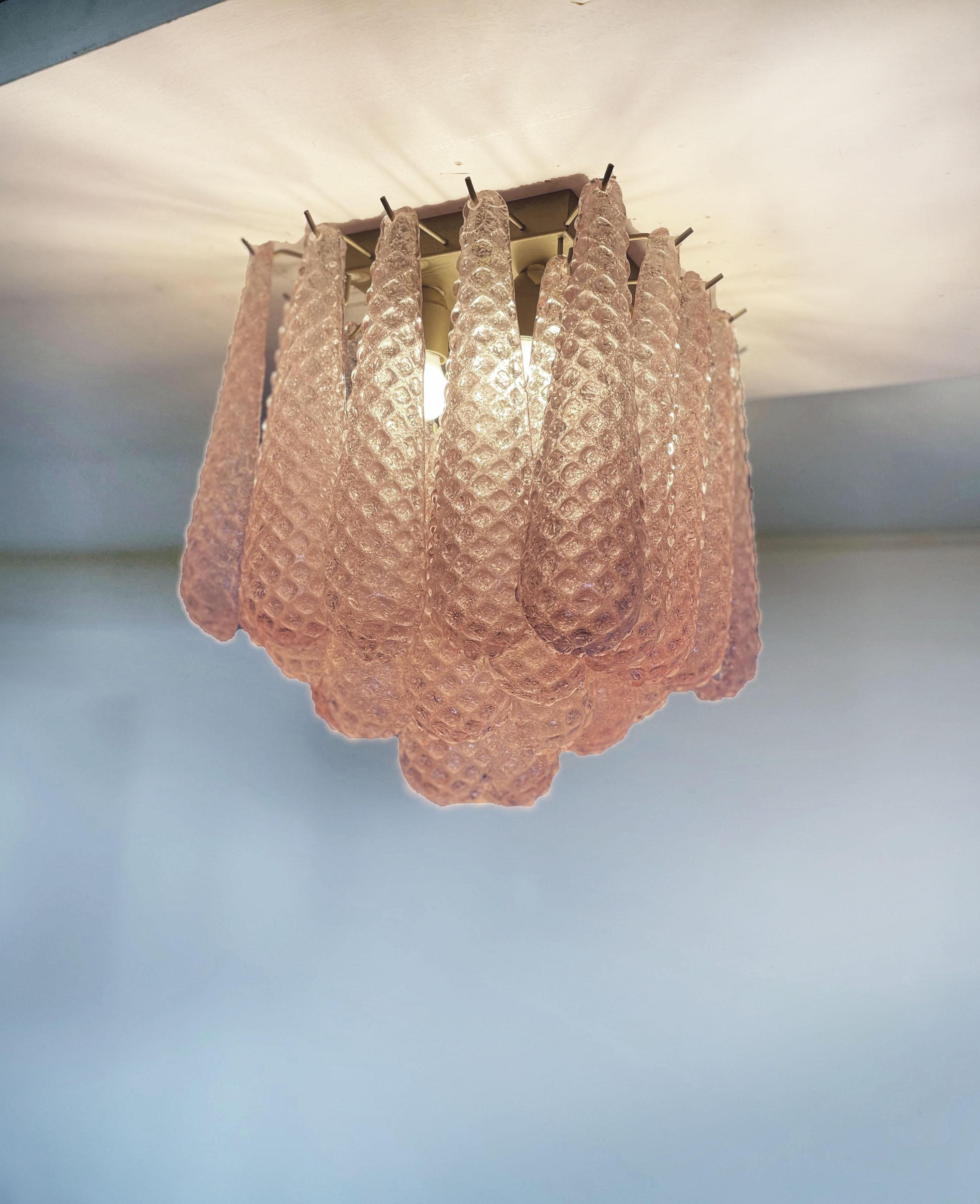 Italian Murano ceiling lamp - 32 pink glass petal drops For Sale