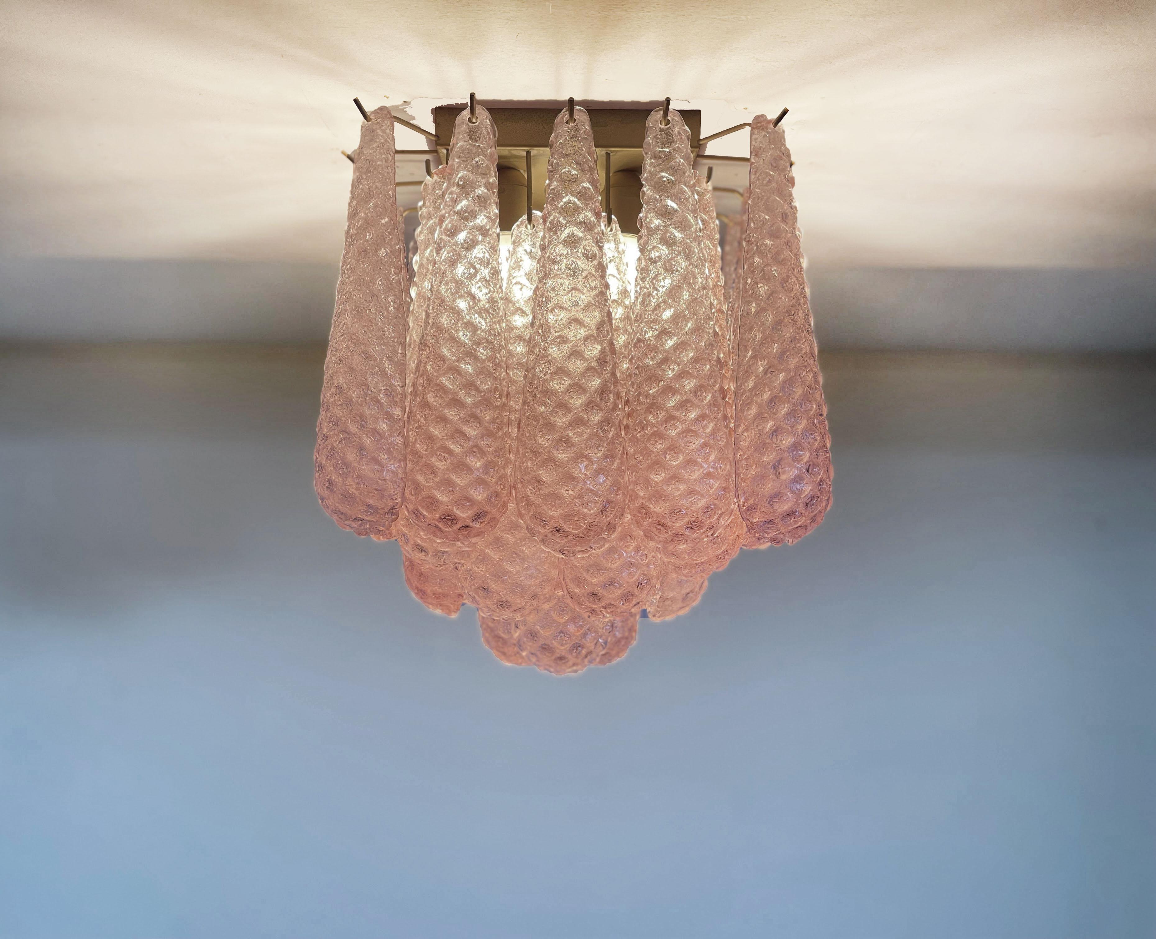 Galvanized Murano ceiling lamp - 32 pink glass petal drops For Sale