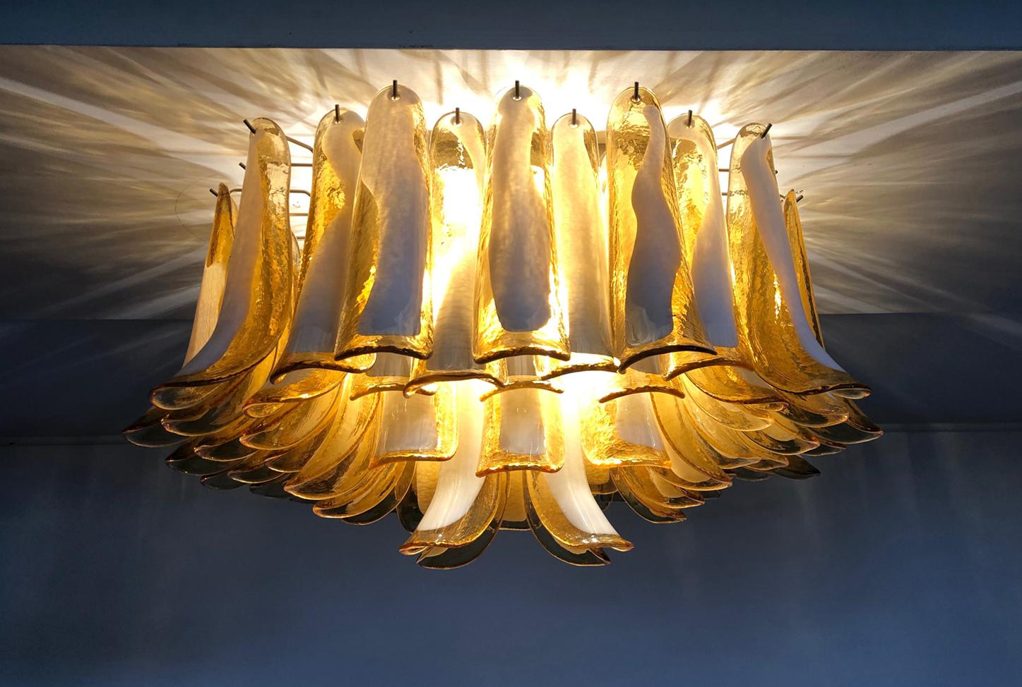 Murano Ceiling Lamp, 64 Caramel Lattimo Glass Petal For Sale 2