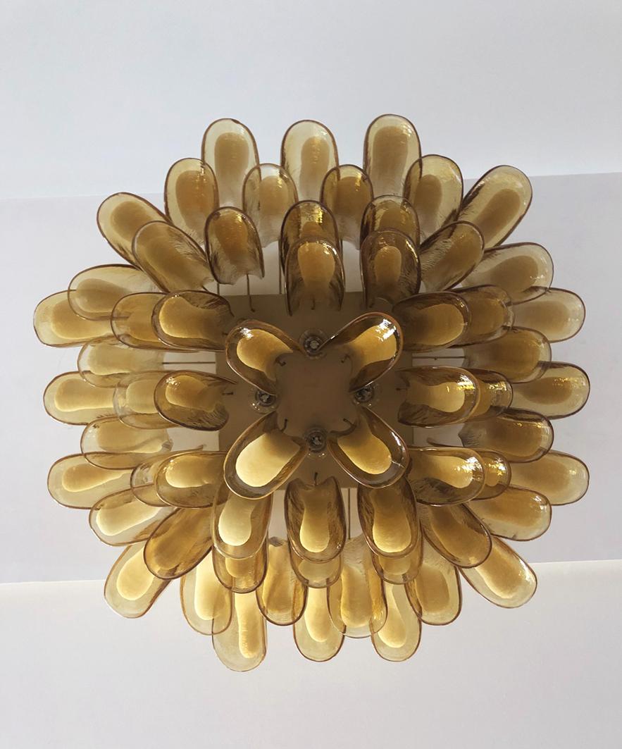 Galvanized Murano Ceiling Lamp, 64 Caramel Lattimo Glass Petal For Sale