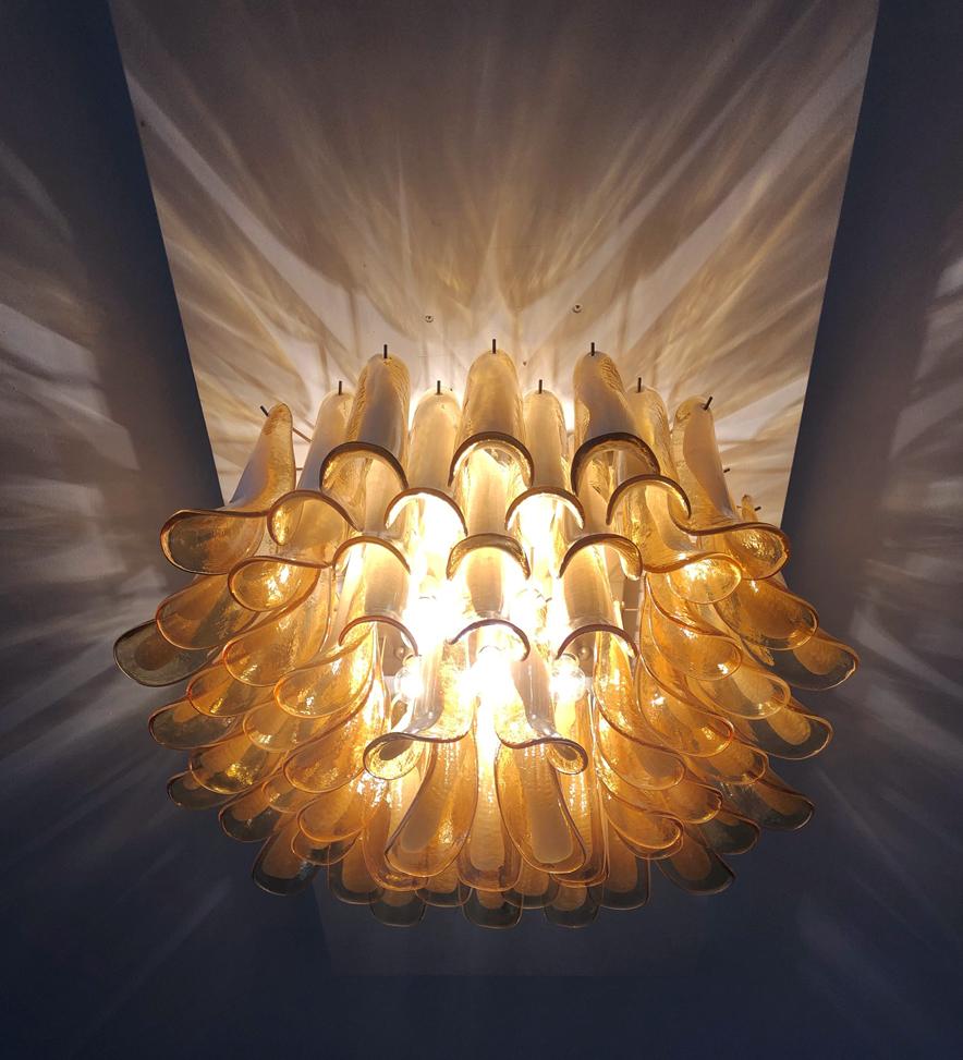 20th Century Murano Ceiling Lamp, 64 Caramel Lattimo Glass Petal For Sale