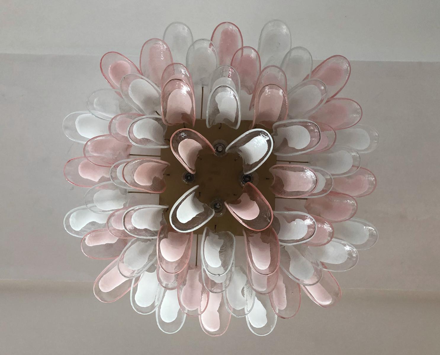 Mid-Century Modern Murano Ceiling Lamp, 64 Trasparent and Pink Lattimo Glass Petal For Sale