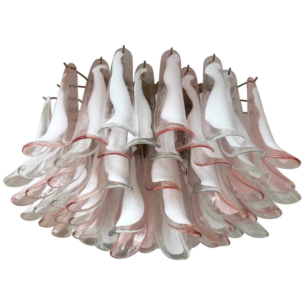 Murano Ceiling Lamp, 64 Trasparent and Pink Lattimo Glass Petal