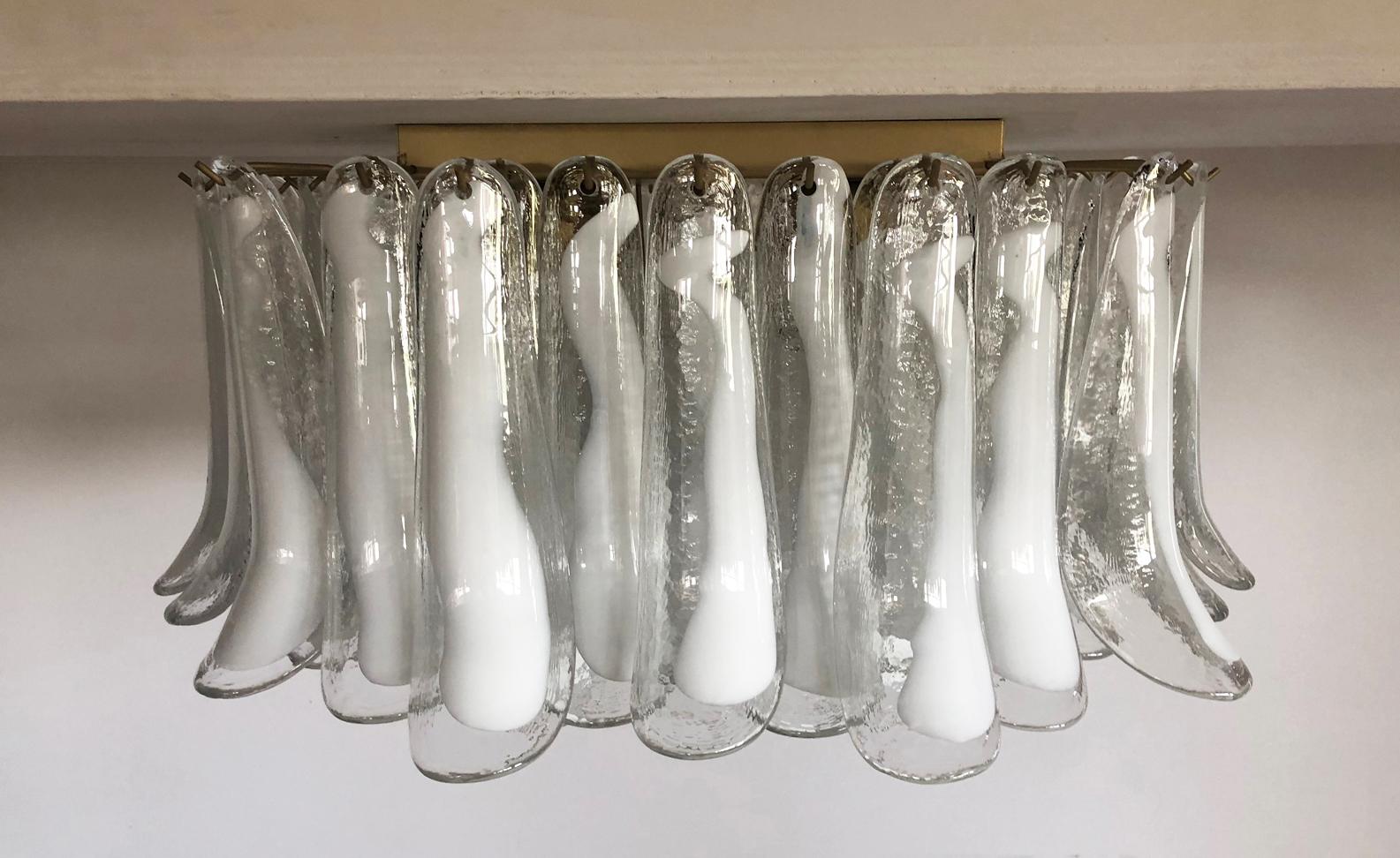 Mid-Century Modern Murano Ceiling Lamp, 64 White Lattimo Glass Petal For Sale