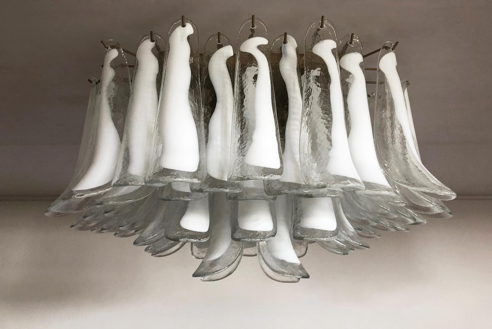 Italian Murano Ceiling Lamp, 64 White Lattimo Glass Petal For Sale