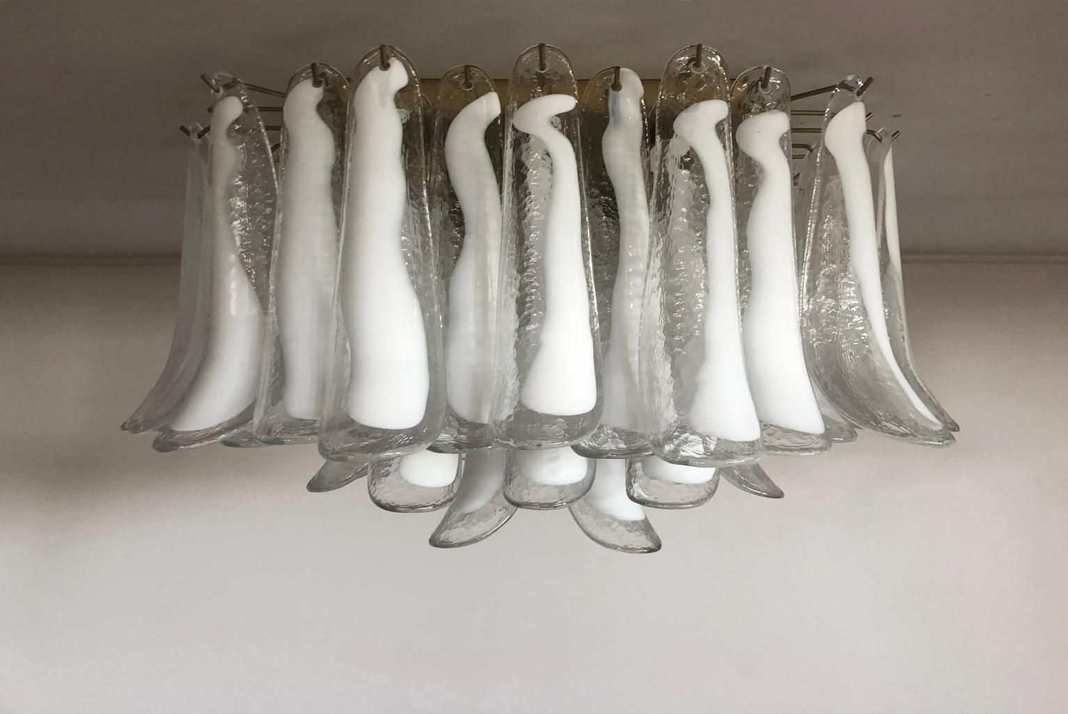 Galvanized Murano Ceiling Lamp, 64 White Lattimo Glass Petal For Sale