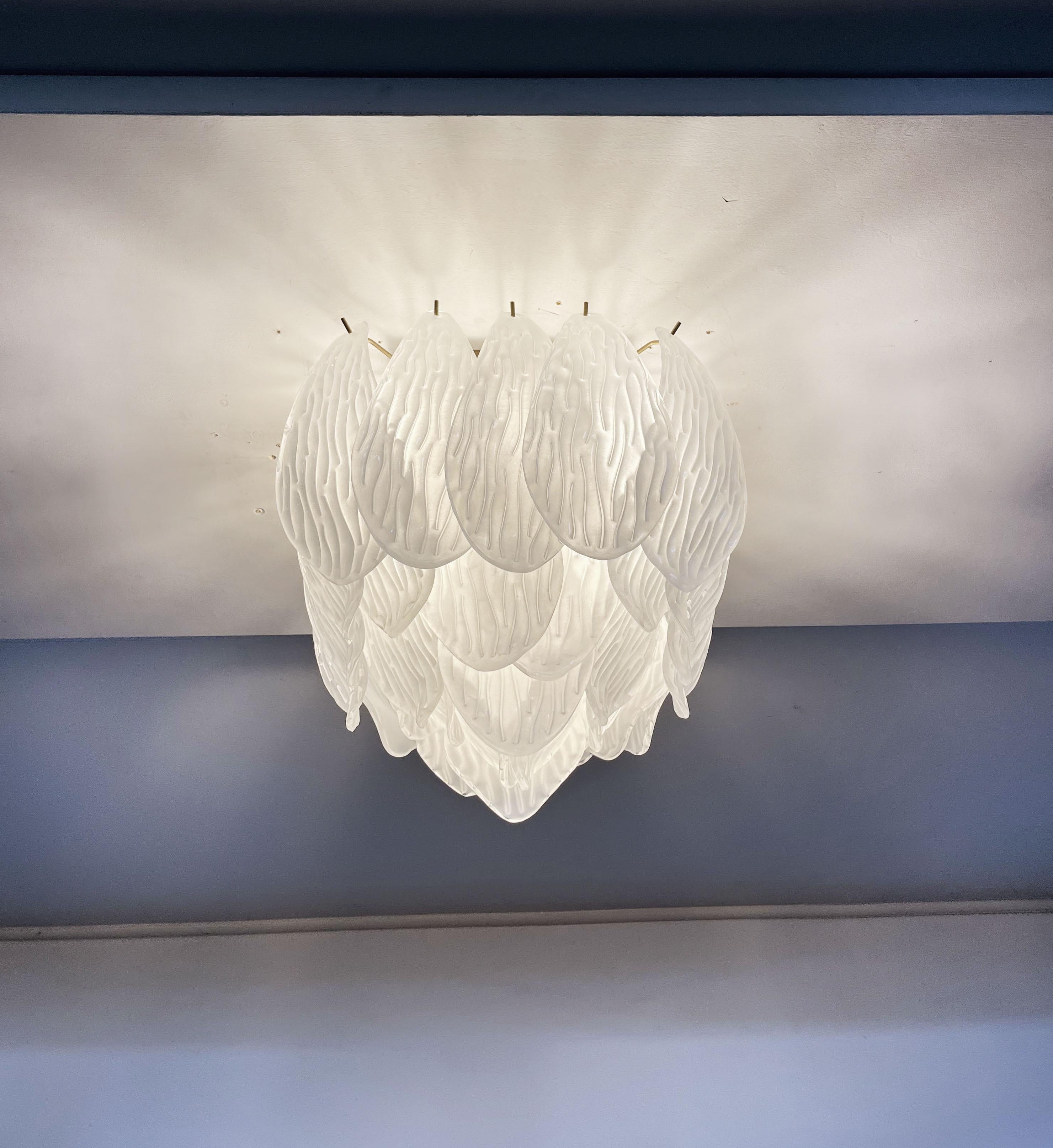 Murano Ceiling Lamp, Frosted Carved Glass Leaves For Sale 2
