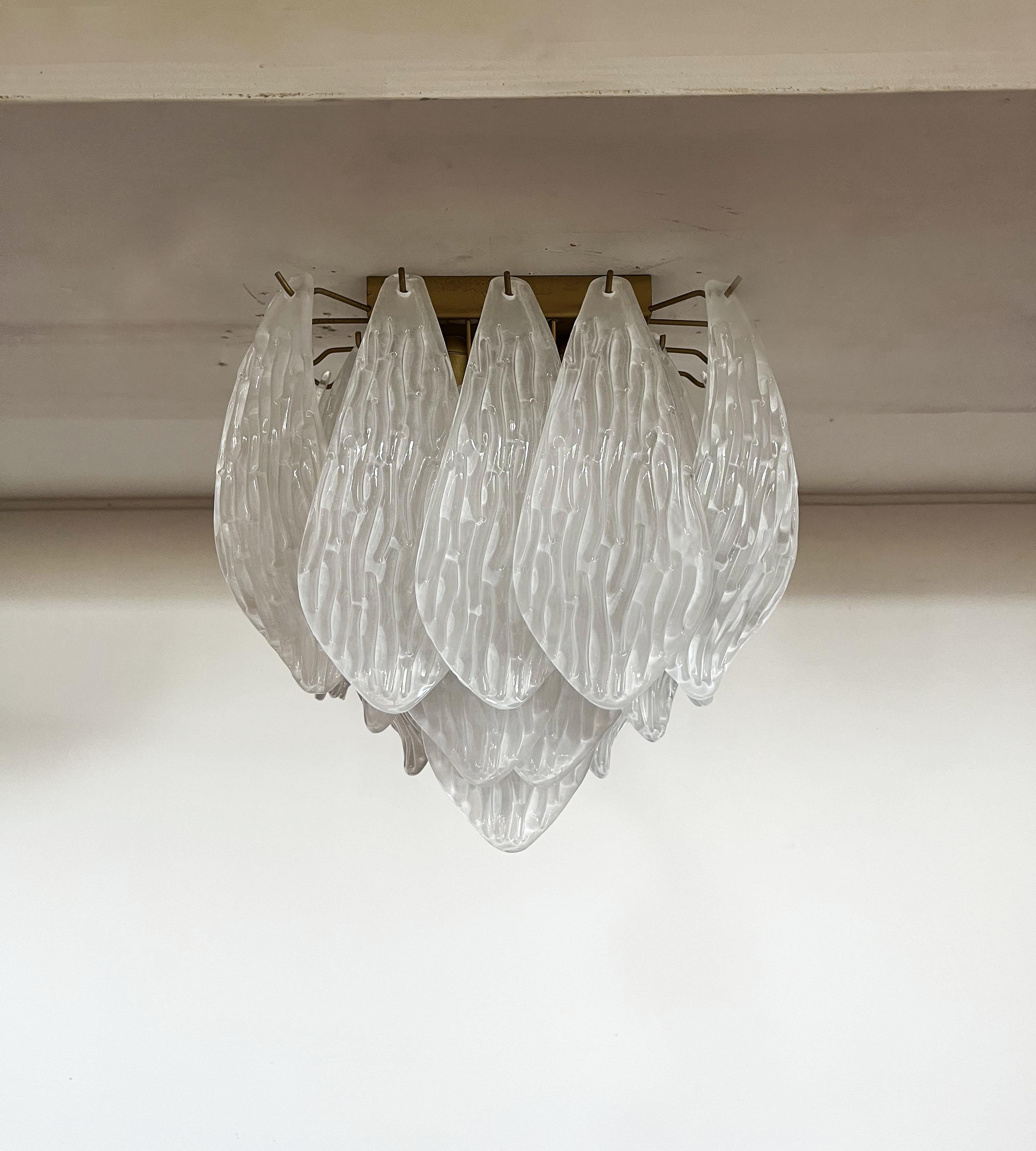 Murano Ceiling Lamp, Frosted Carved Glass Leaves For Sale 6