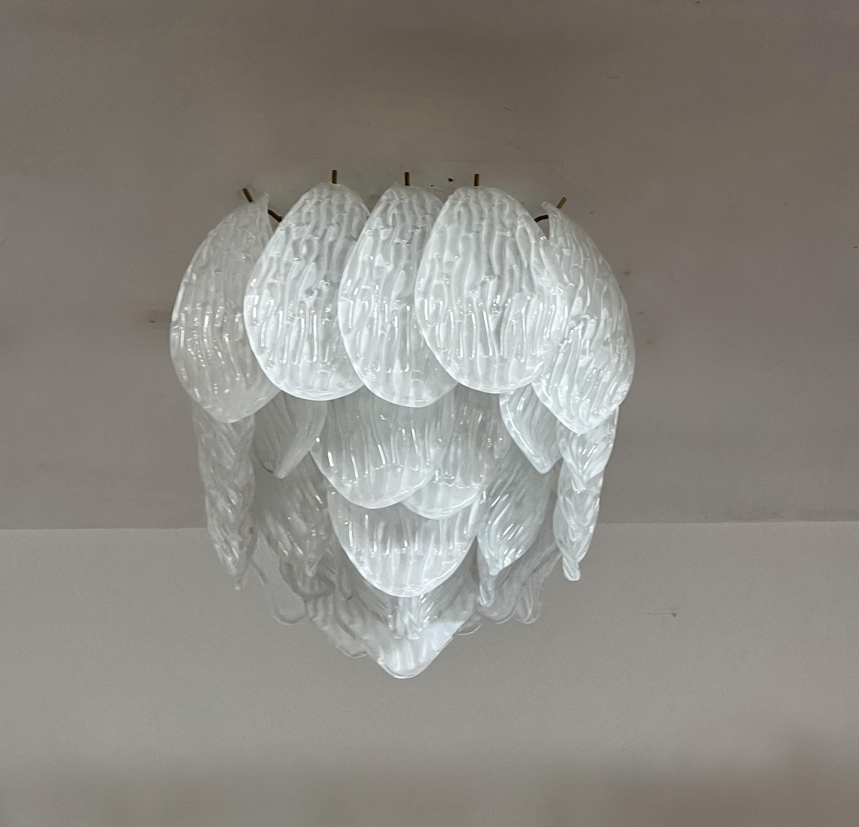 Mid-Century Modern Murano Ceiling Lamp, Frosted Carved Glass Leaves For Sale