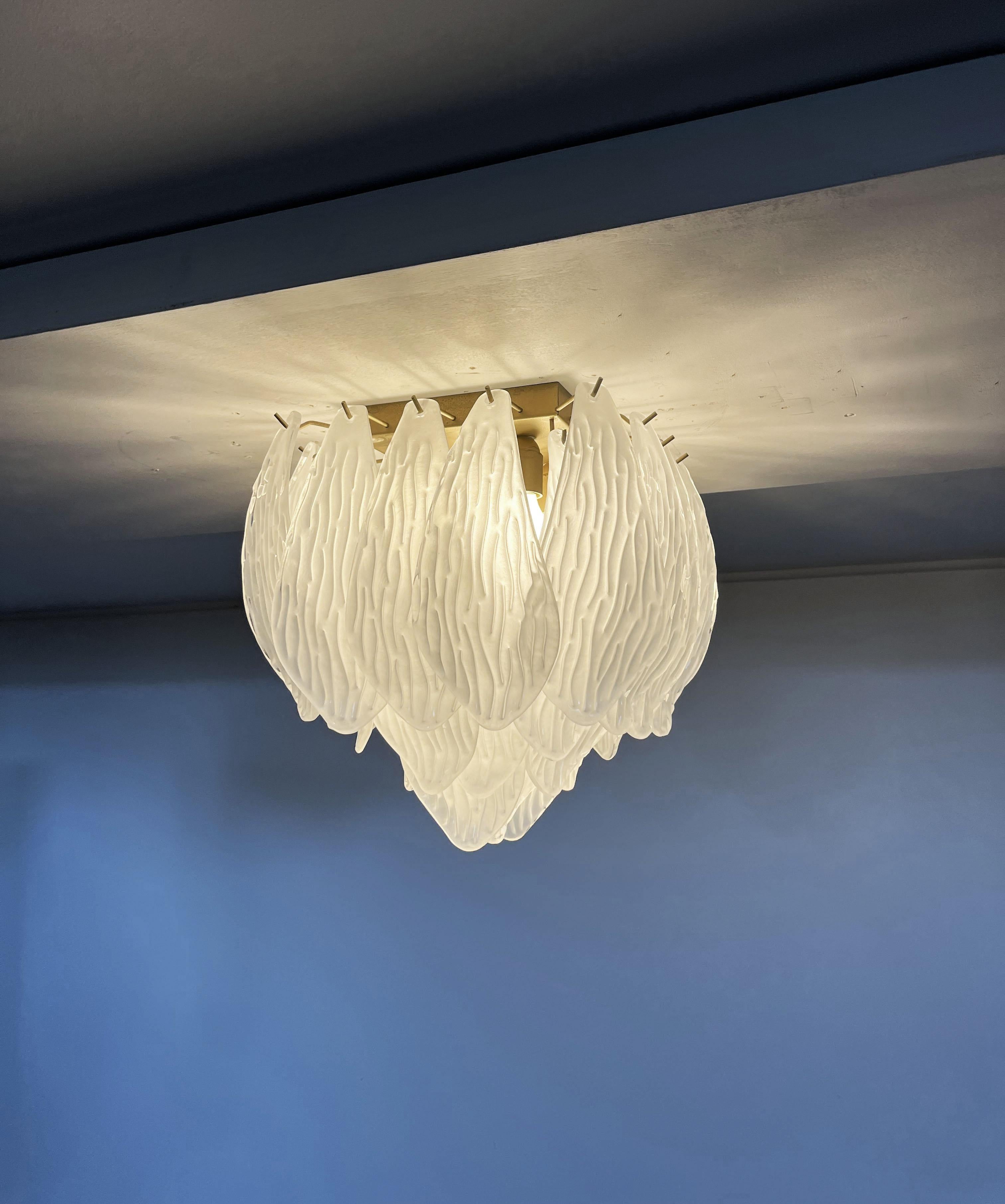 Italian Murano Ceiling Lamp, Frosted Carved Glass Leaves For Sale