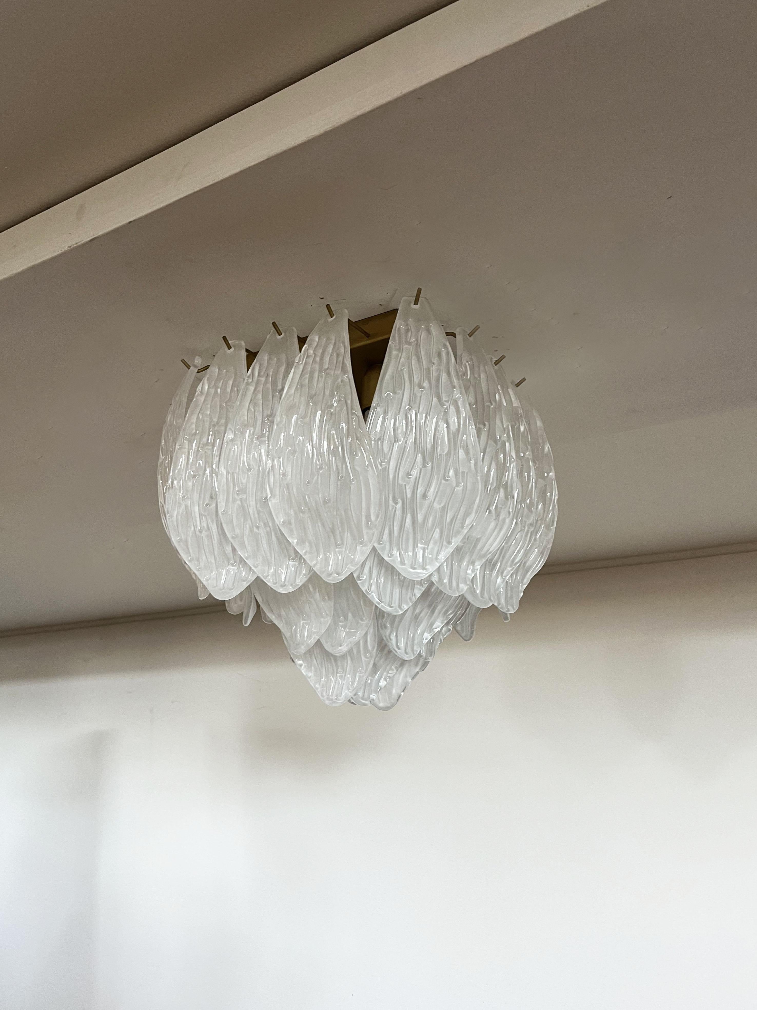 Galvanized Murano Ceiling Lamp, Frosted Carved Glass Leaves For Sale