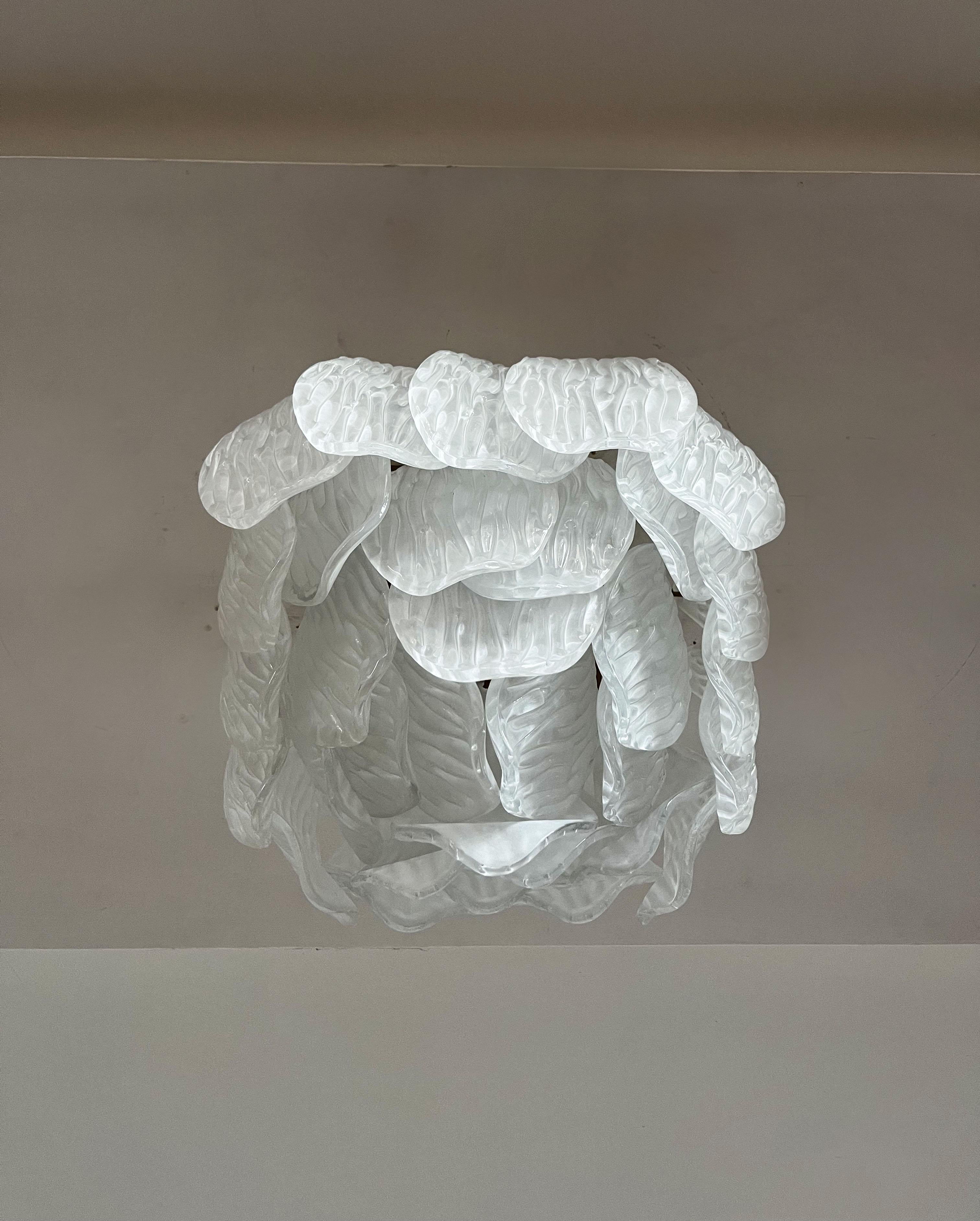 20th Century Murano Ceiling Lamp, Frosted Carved Glass Leaves For Sale