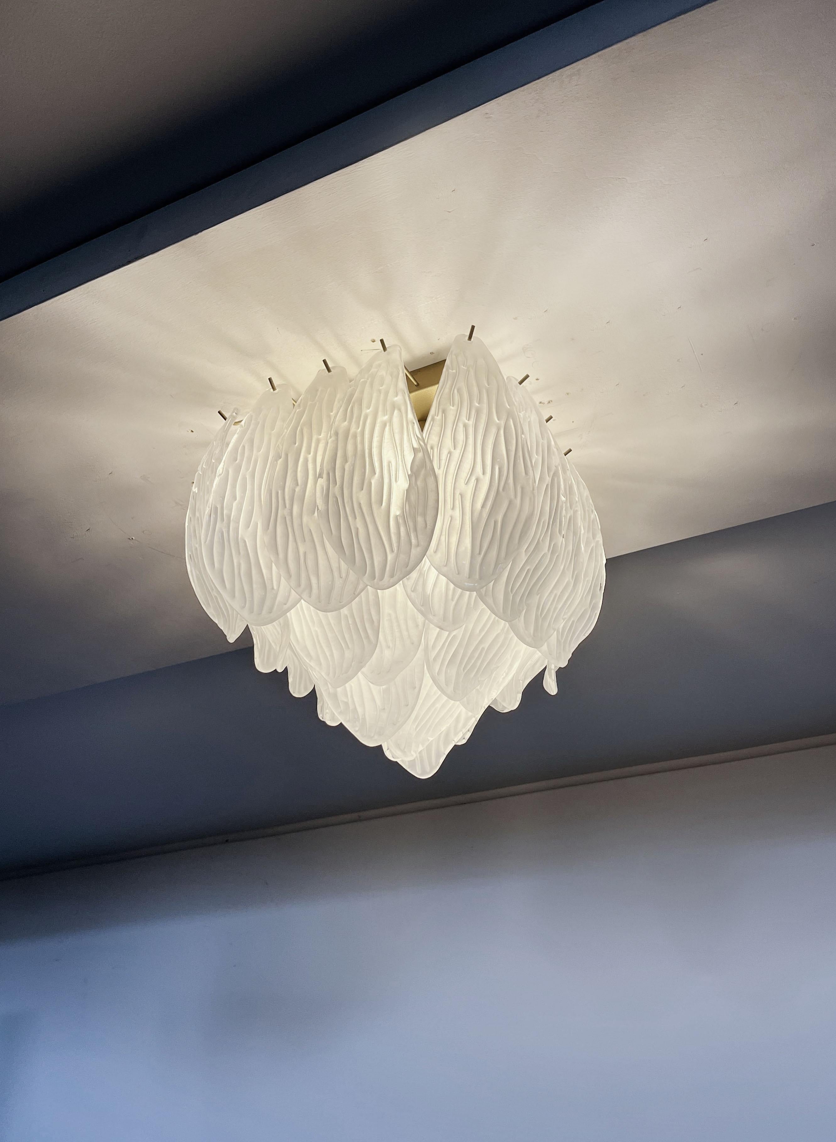Art Glass Murano Ceiling Lamp, Frosted Carved Glass Leaves For Sale