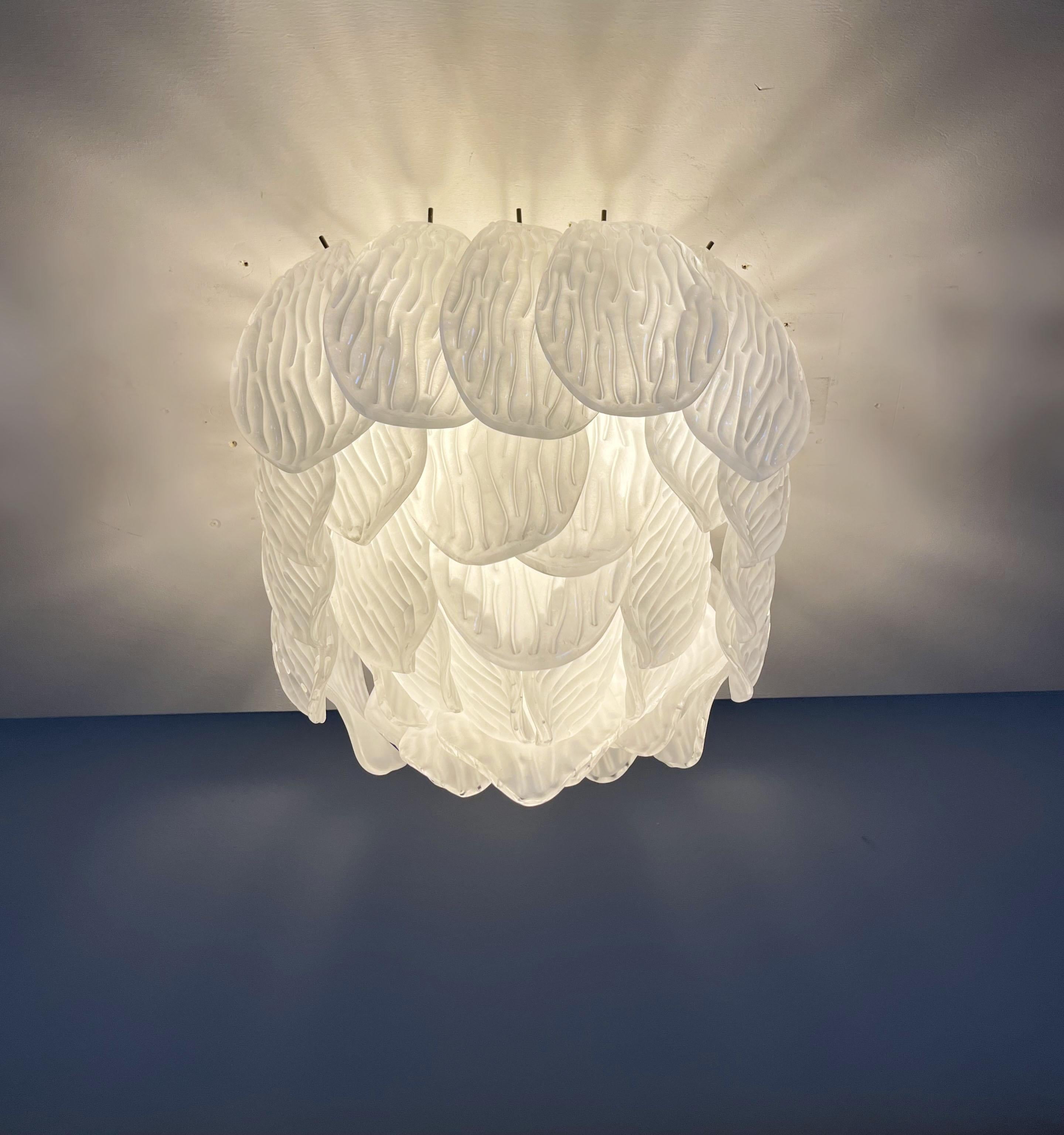 Murano Ceiling Lamp, Frosted Carved Glass Leaves For Sale 1
