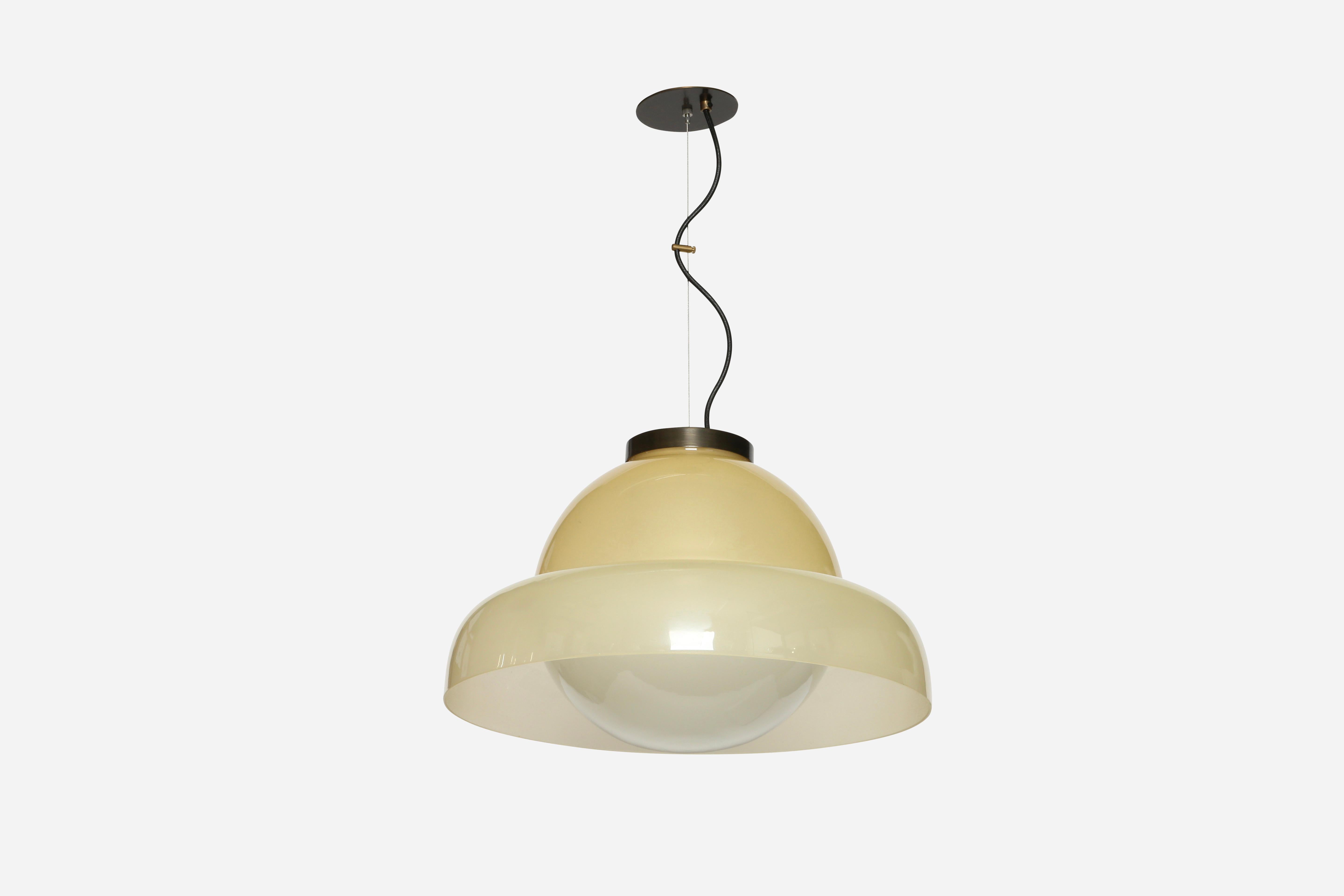 Murano glass ceiling pendant by Vistosi.
Murano glass in two colors. Translucent light cream yellow on the outside and opaline white on the inside.
Rewired for the US.
Takes one medium base bulb.
Overall drop is adjustable, cord can be made shorter