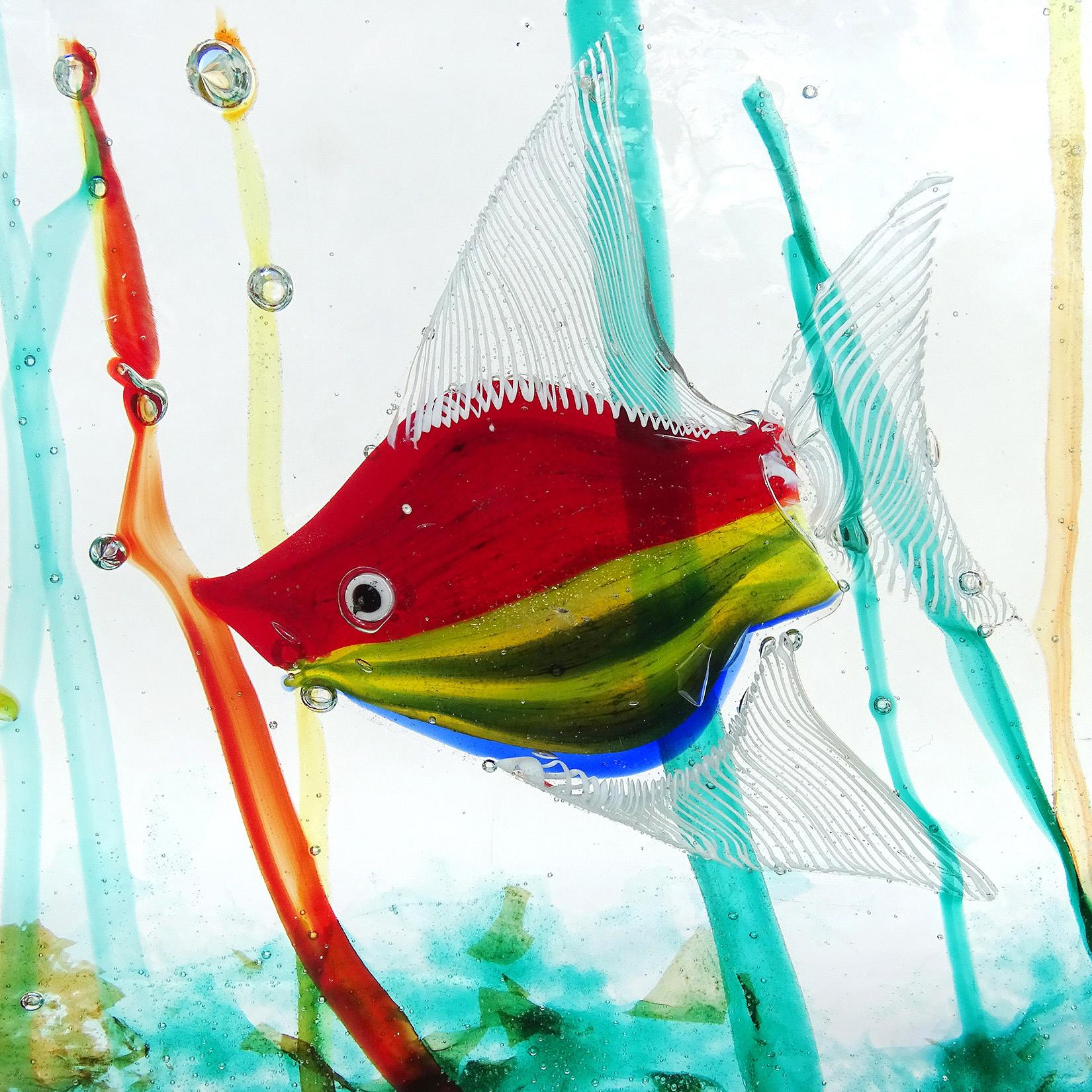 Murano Cenedese Orange Weiß Silber Flecken Italienische Kunst Glas Fisch Aquarium Block (Handgefertigt) im Angebot