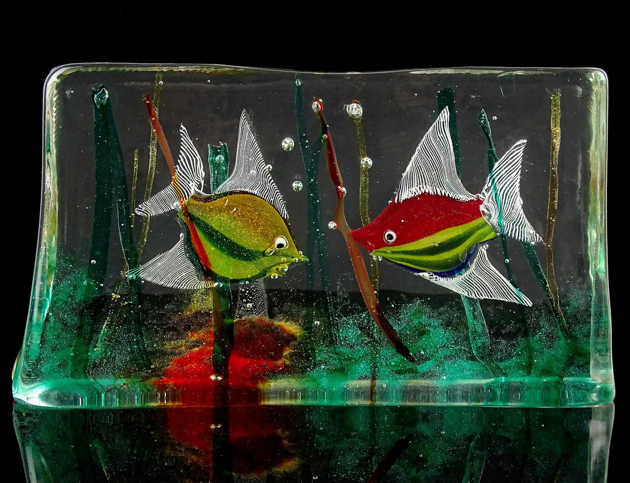 Murano Cenedese Orange Weiß Silber Flecken Italienische Kunst Glas Fisch Aquarium Block im Zustand „Gut“ im Angebot in Kissimmee, FL