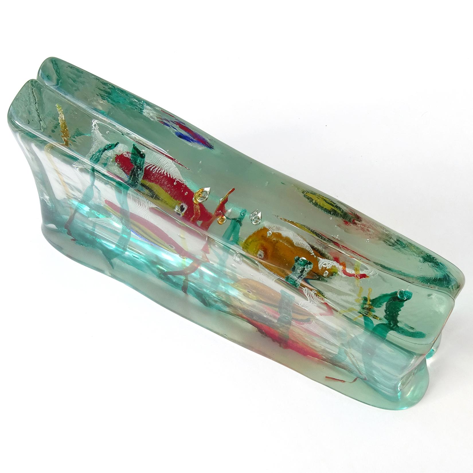 Murano Cenedese Orange Weiß Silber Flecken Italienische Kunst Glas Fisch Aquarium Block im Angebot 1