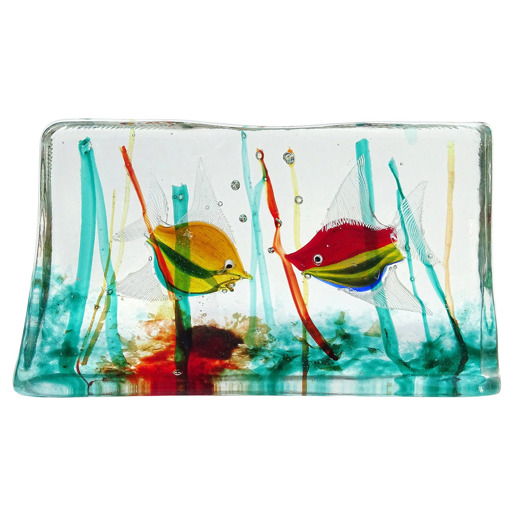 Murano Cenedese Orange Weiß Silber Flecken Italienische Kunst Glas Fisch Aquarium Block im Angebot