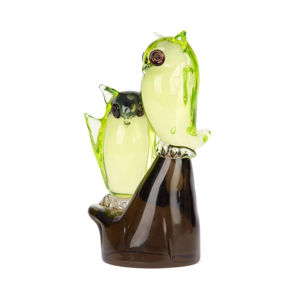 Vintage Murano Cenedese Owls on Perch Glass Sculpture, circa 1960 In Good Condition In Bishop's Stortford, Hertfordshire