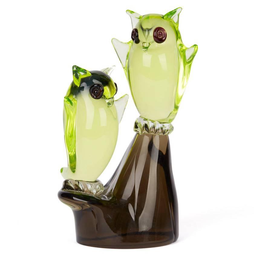 Vintage Murano Cenedese Owls on Perch Glass Sculpture, circa 1960