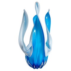 Murano Glass Vase Centerpiece in Blue and Opal White Glass, 1960s