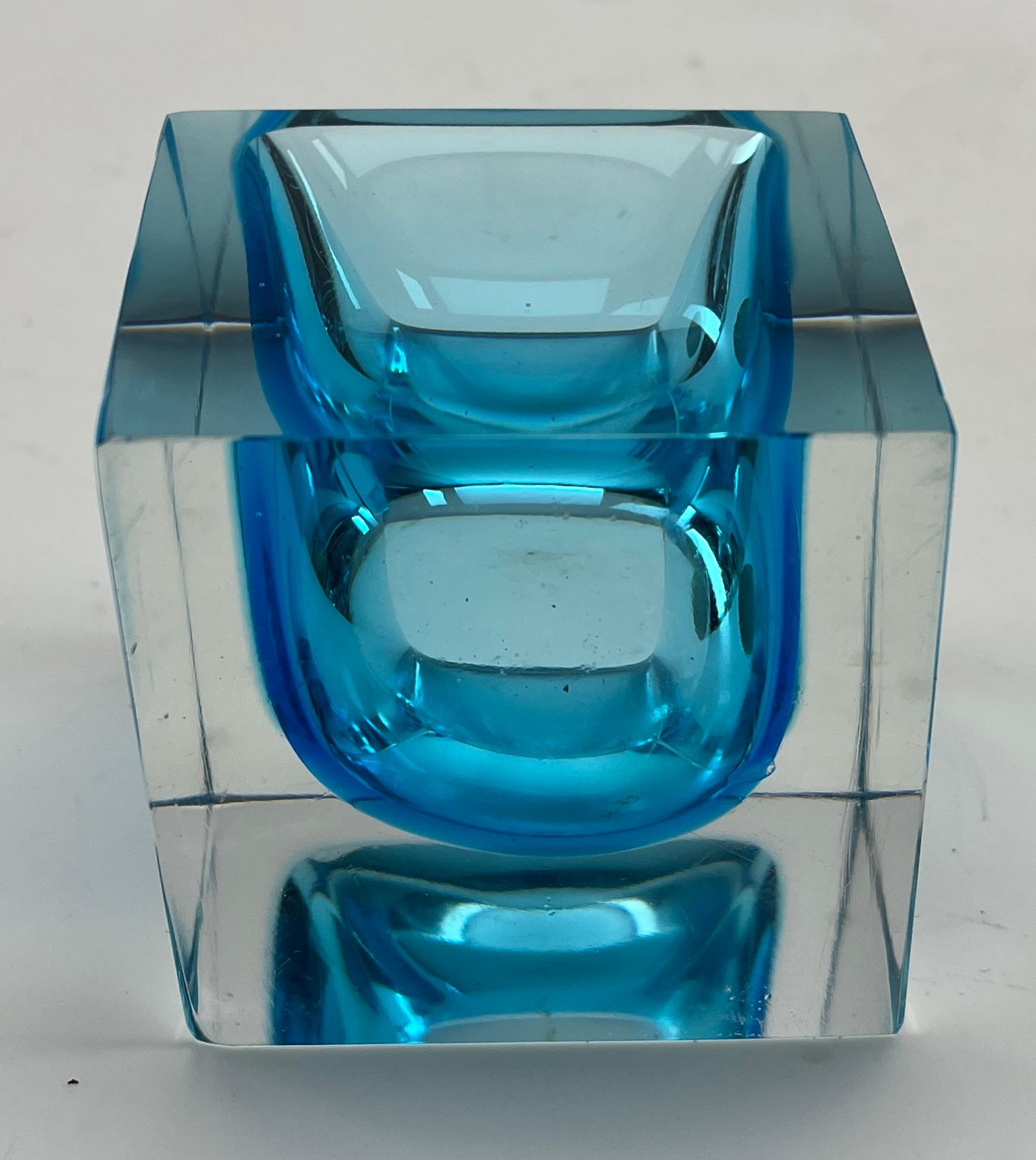 Italian Murano Cesare Toso Label Block Vase with  light blue Core For Sale