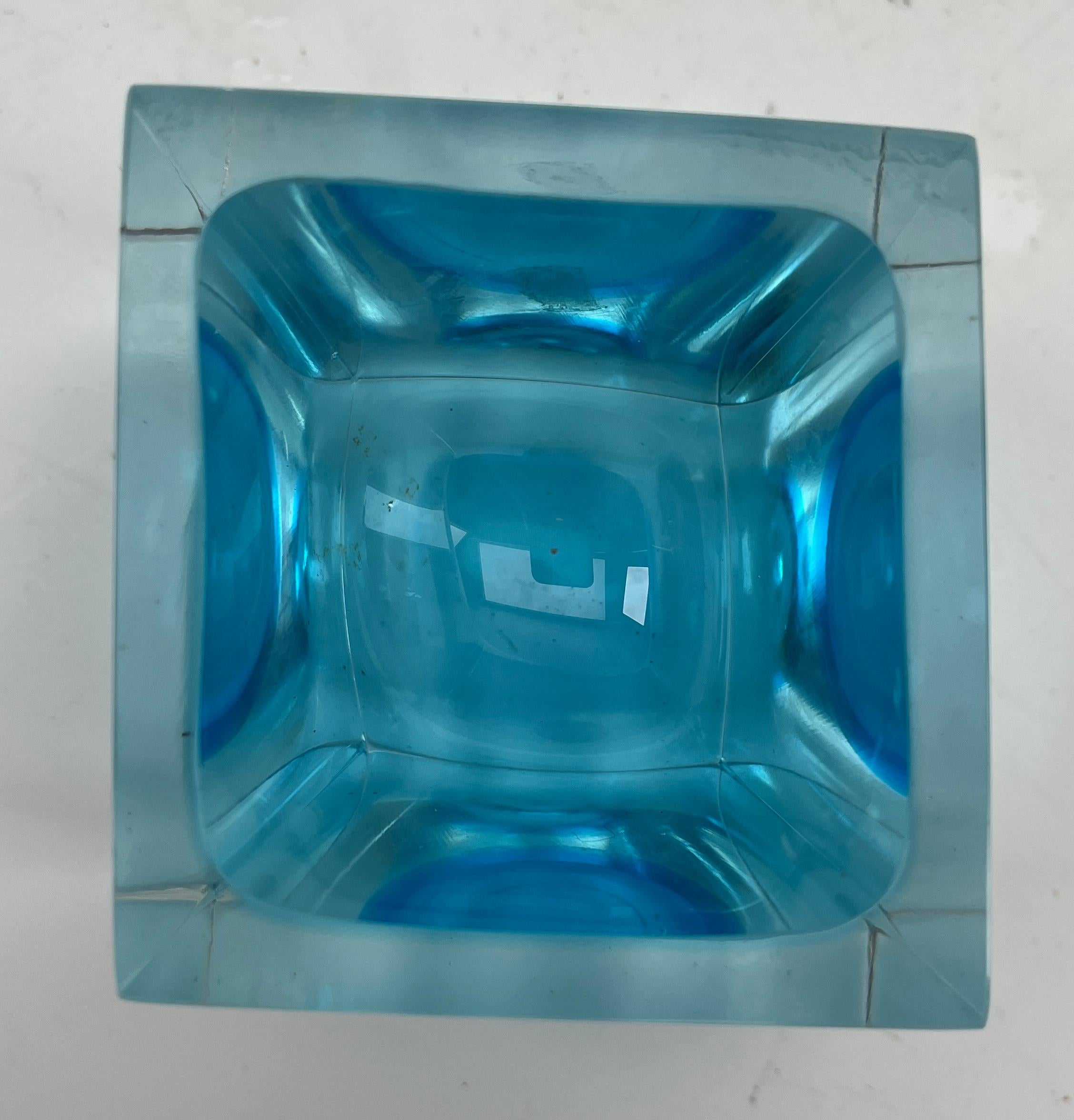 Hand-Crafted Murano Cesare Toso Label Block Vase with  light blue Core For Sale