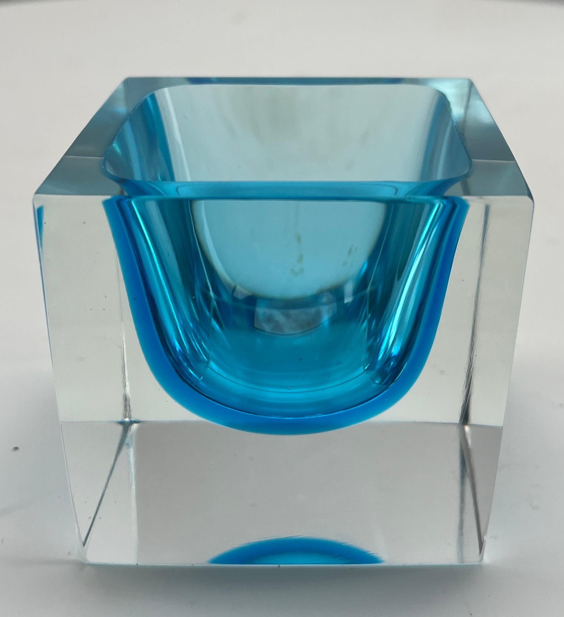 20th Century Murano Cesare Toso Label Block Vase with  light blue Core For Sale