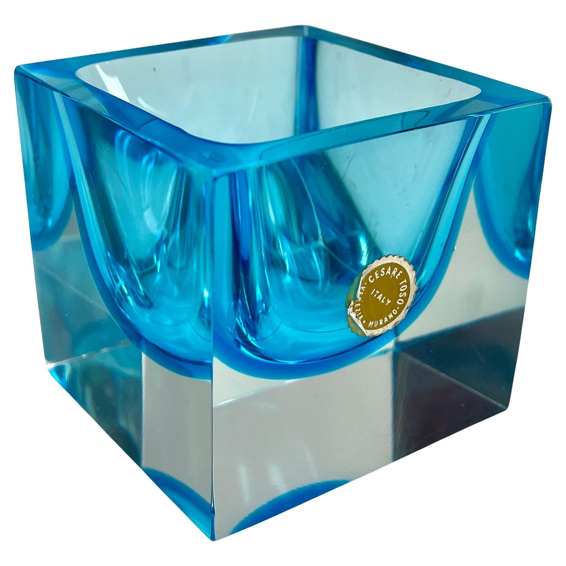 Murano Cesare Toso Label Block Vase with  light blue Core For Sale