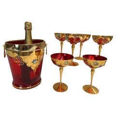 Coppe da champagne di Murano con secchiello da champagne in vetro di Murano, anni '60, Set di 7