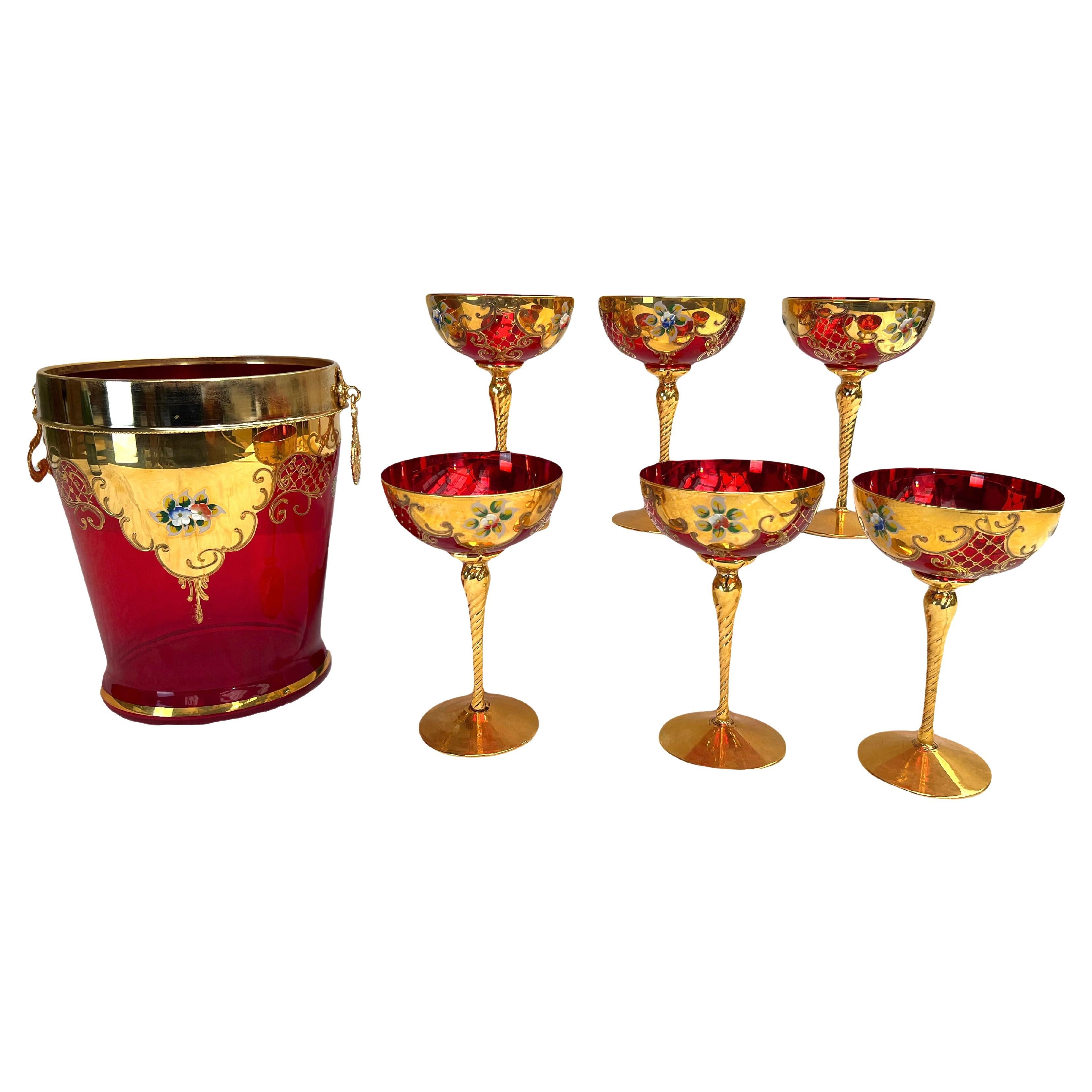 Murano Champagne Cups with Champagne Bucket in Murano Glass, 1960s, Set of 7