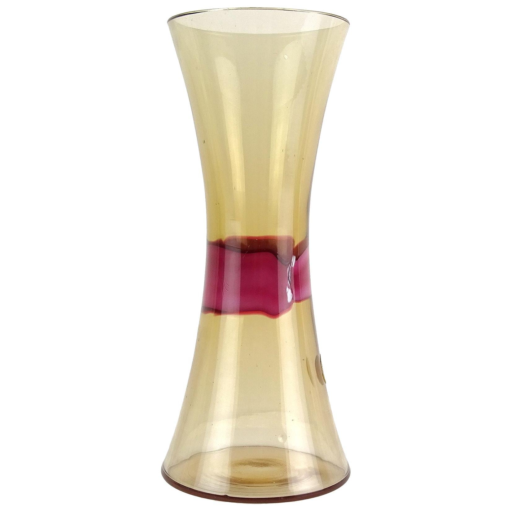 Murano Champagne with Burgundy Ribbon Corseted Italian Art Glass Flower Vase