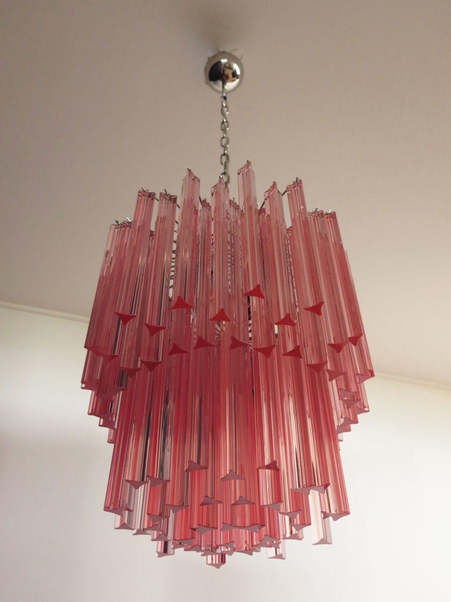 Fantastic vintage Murano chandelier made by 107 Murano crystal pink prism in a nickel metal frame. 
Period: late XX century
Dimensions: 55,10 inches height (140 cm) with chain; 29,50 inches height (75 cm) without chain; 18,90 inches diameter (48