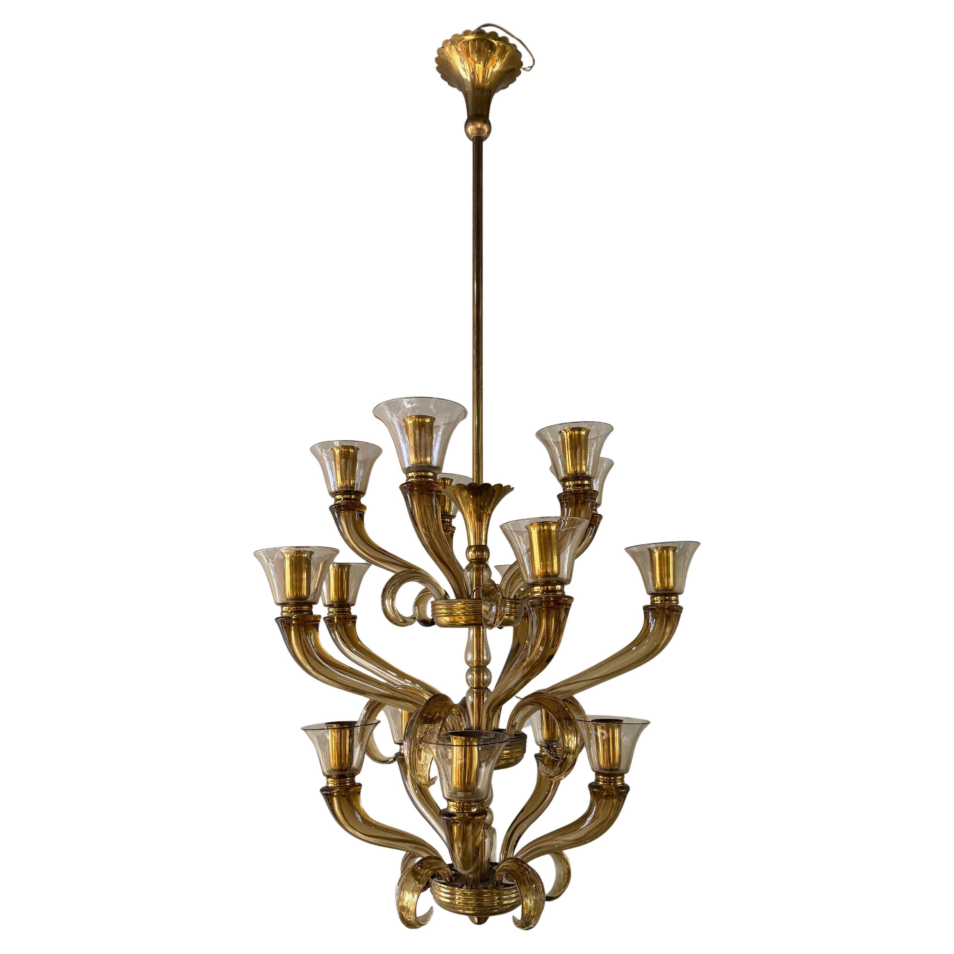 Murano chandelier 15 lights Flavio Poli for Seguso Italy 1940