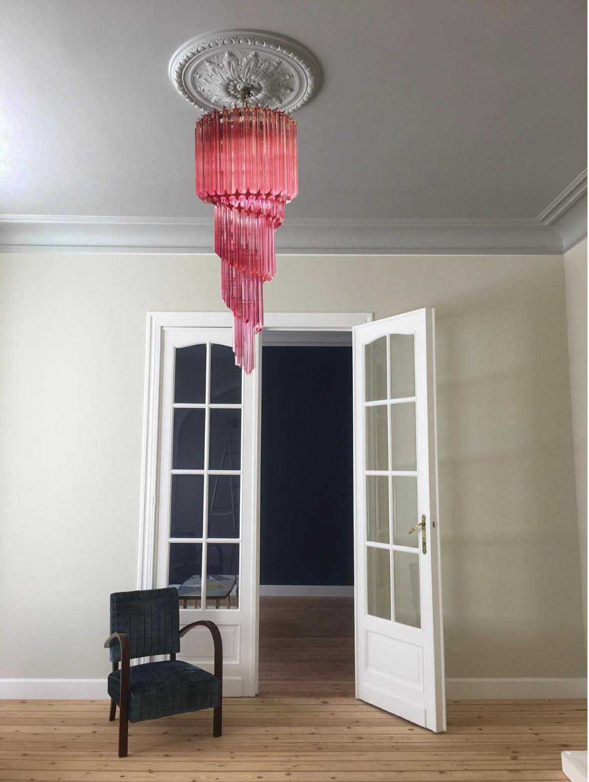 Metal Pair Murano Chandeliers Crystal Pink Prism, Murano For Sale