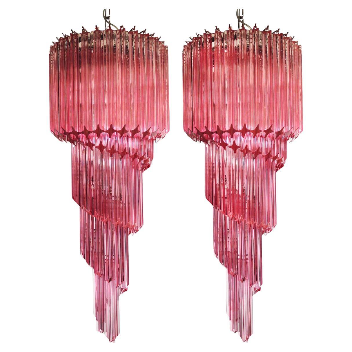 Pair Murano Chandeliers Crystal Pink Prism, Murano For Sale