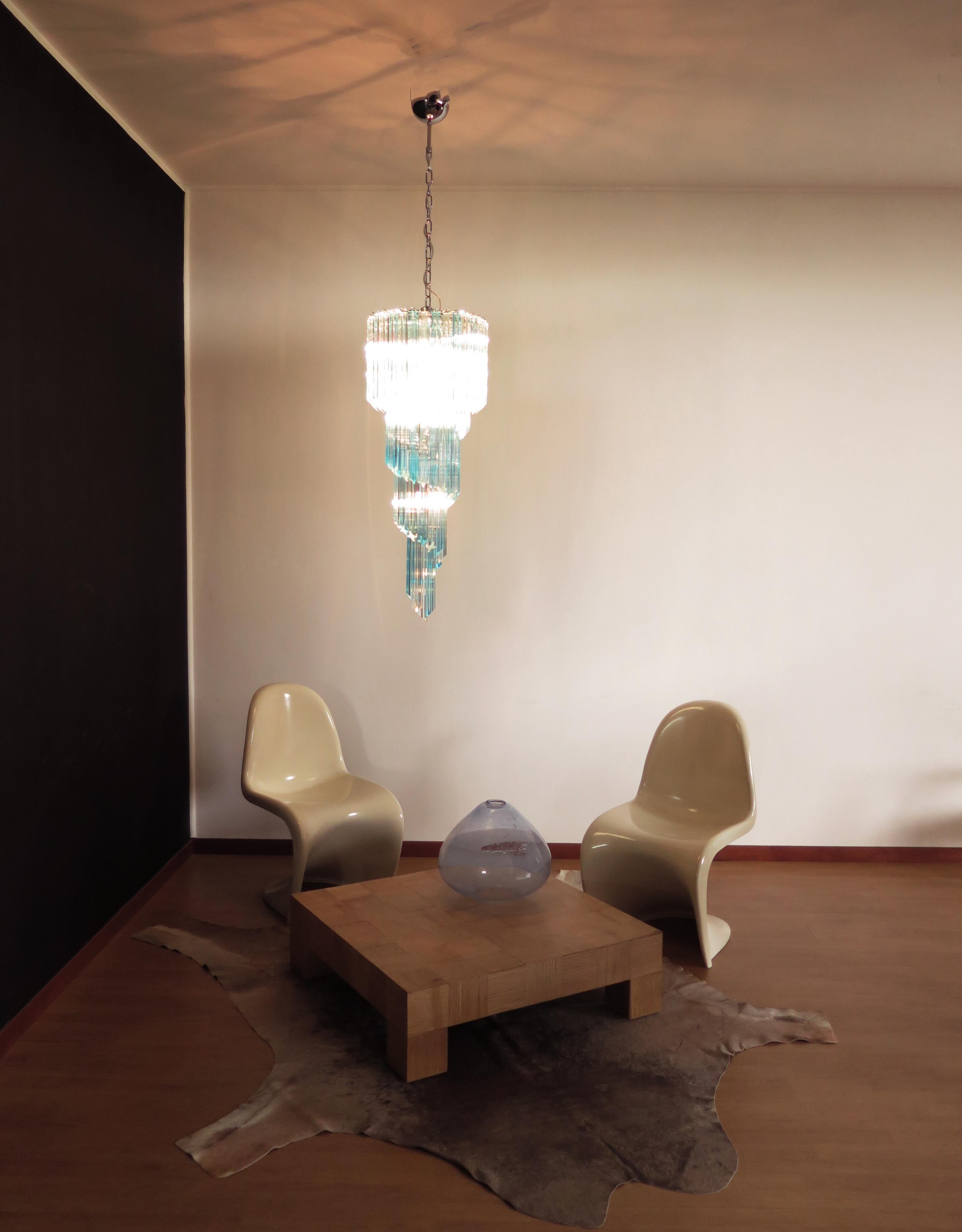 Art Glass Murano chandelier 86 transparent and blue quadriedri prism For Sale