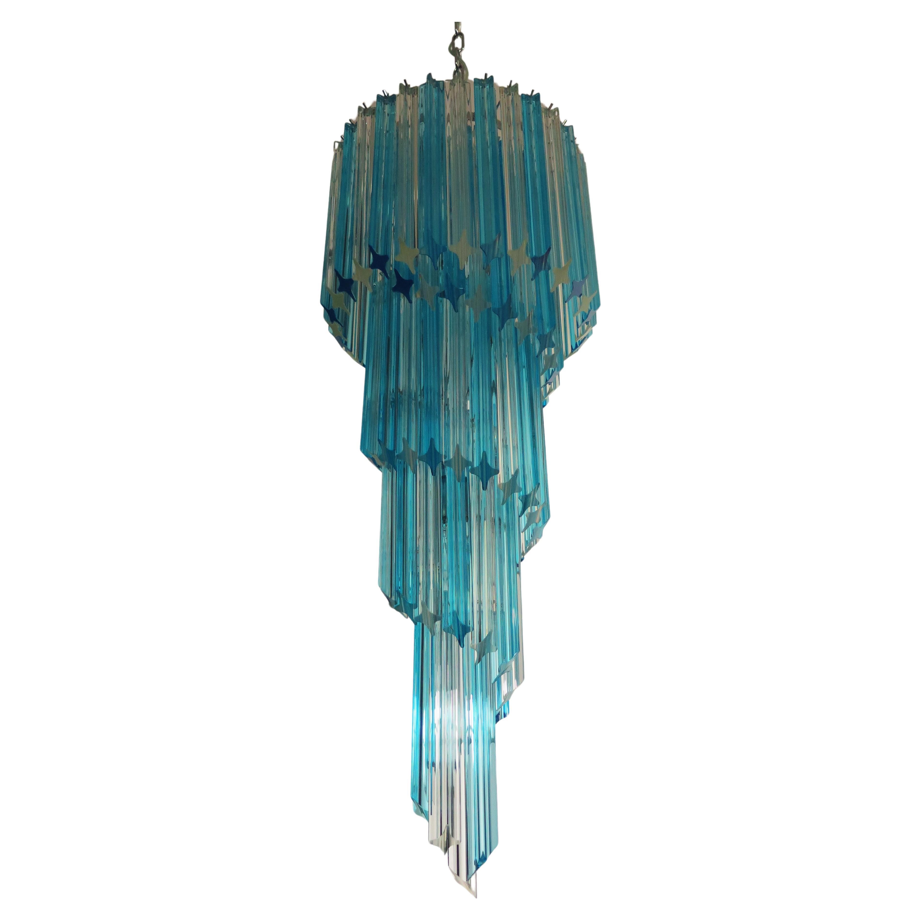 Murano chandelier 86 transparent and blue quadriedri prism For Sale