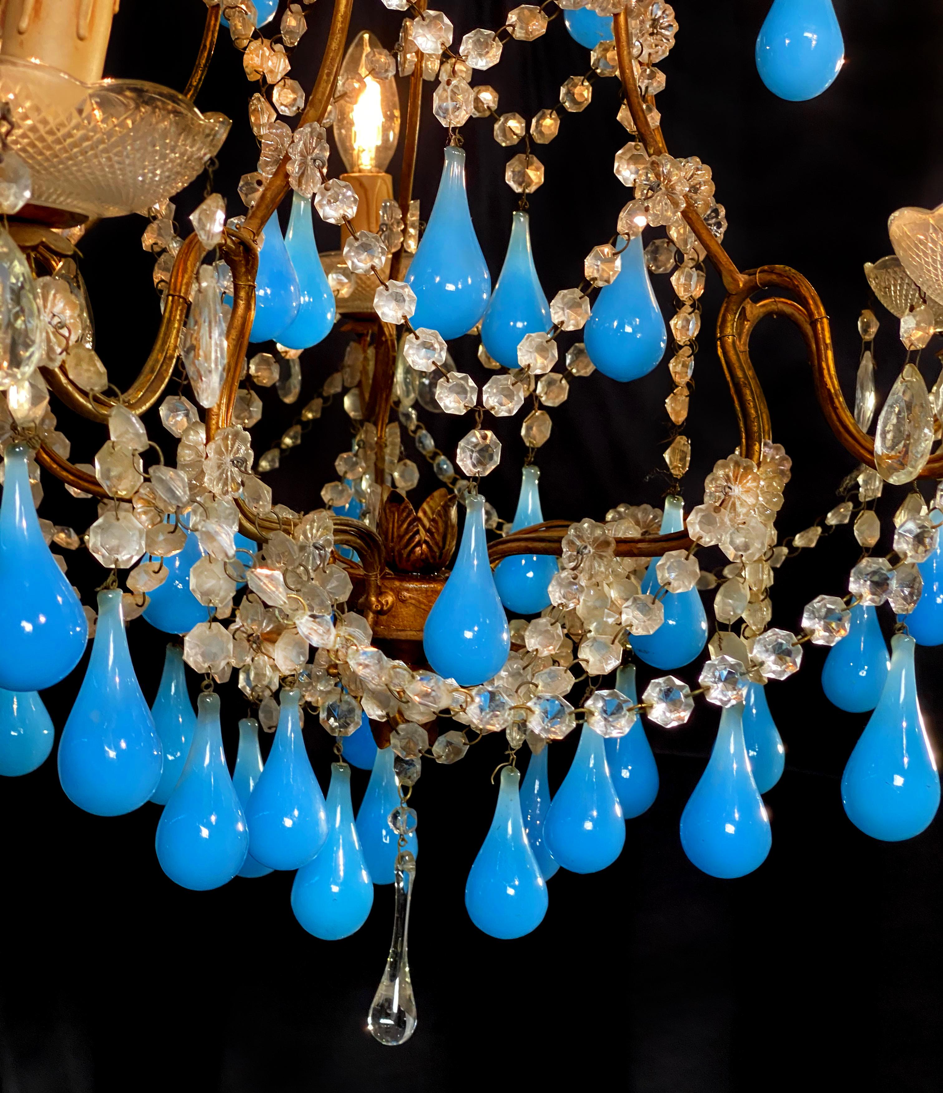 Murano Chandelier Blue Drops Glass, 1950s 4