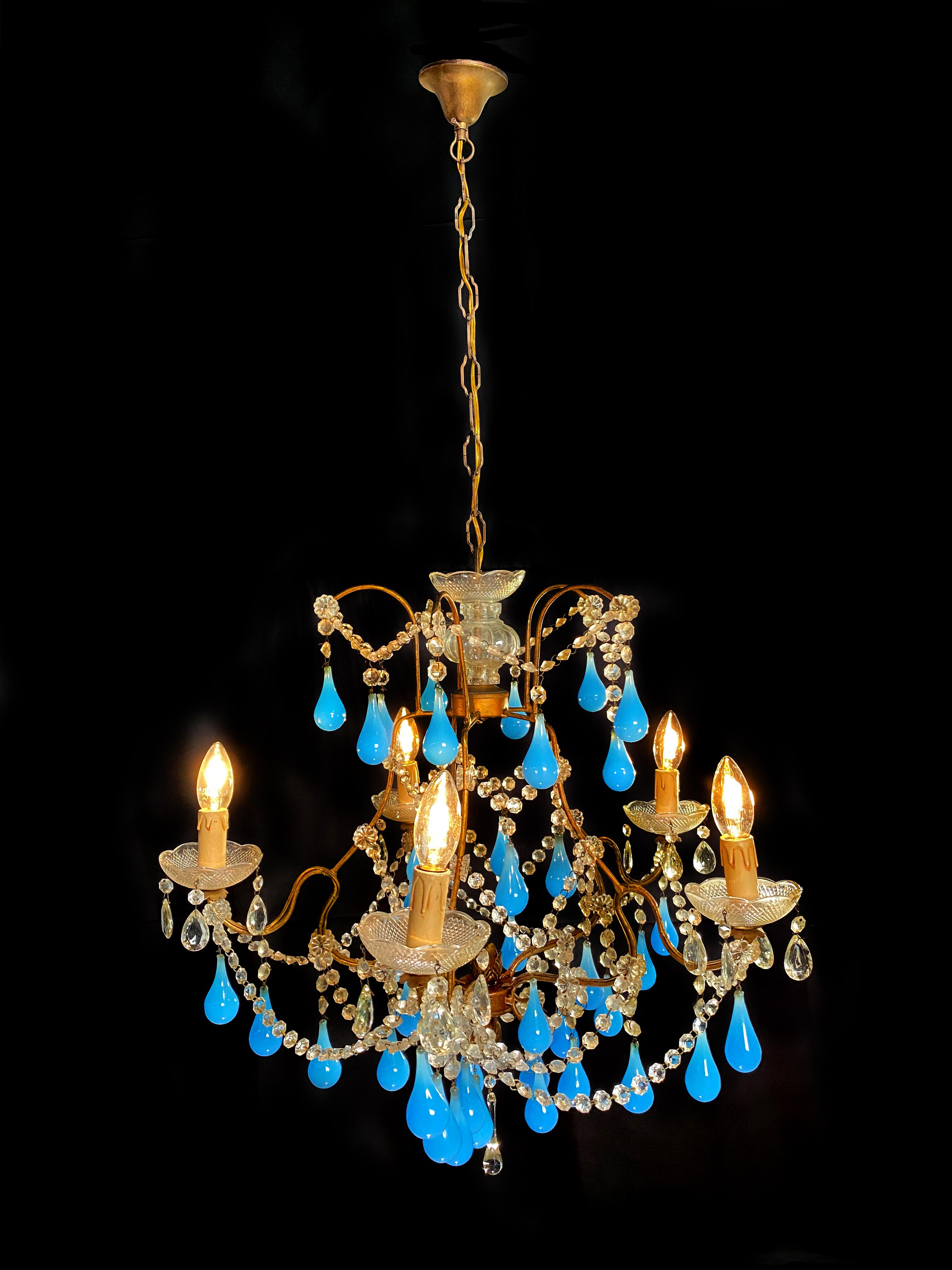 italien Lustre de Murano en verre à gouttes bleues:: 1950s