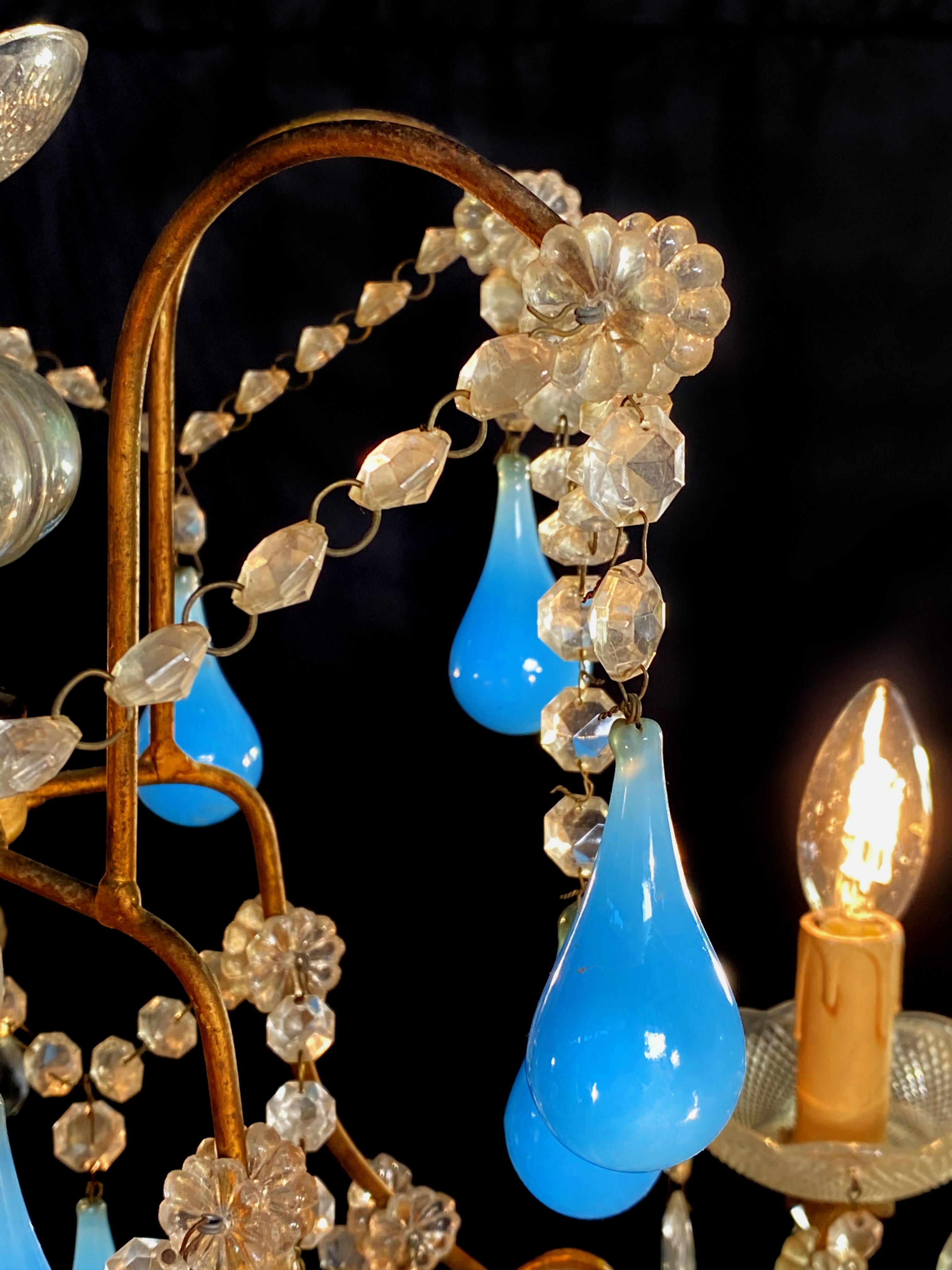Painted Murano Chandelier Blue Drops Glass, 1950s