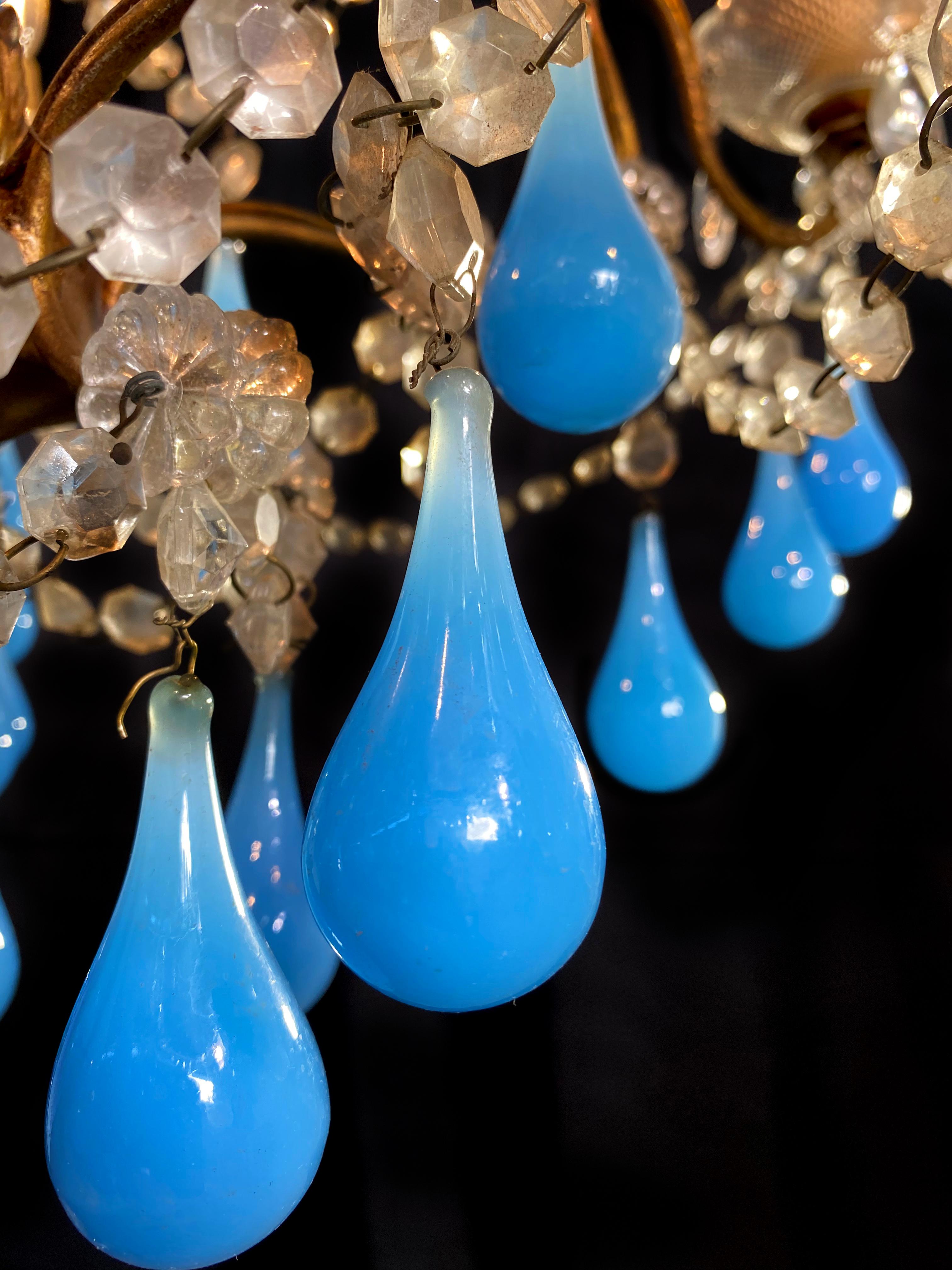 Murano Chandelier Blue Drops Glass, 1950s In Good Condition In Budapest, HU