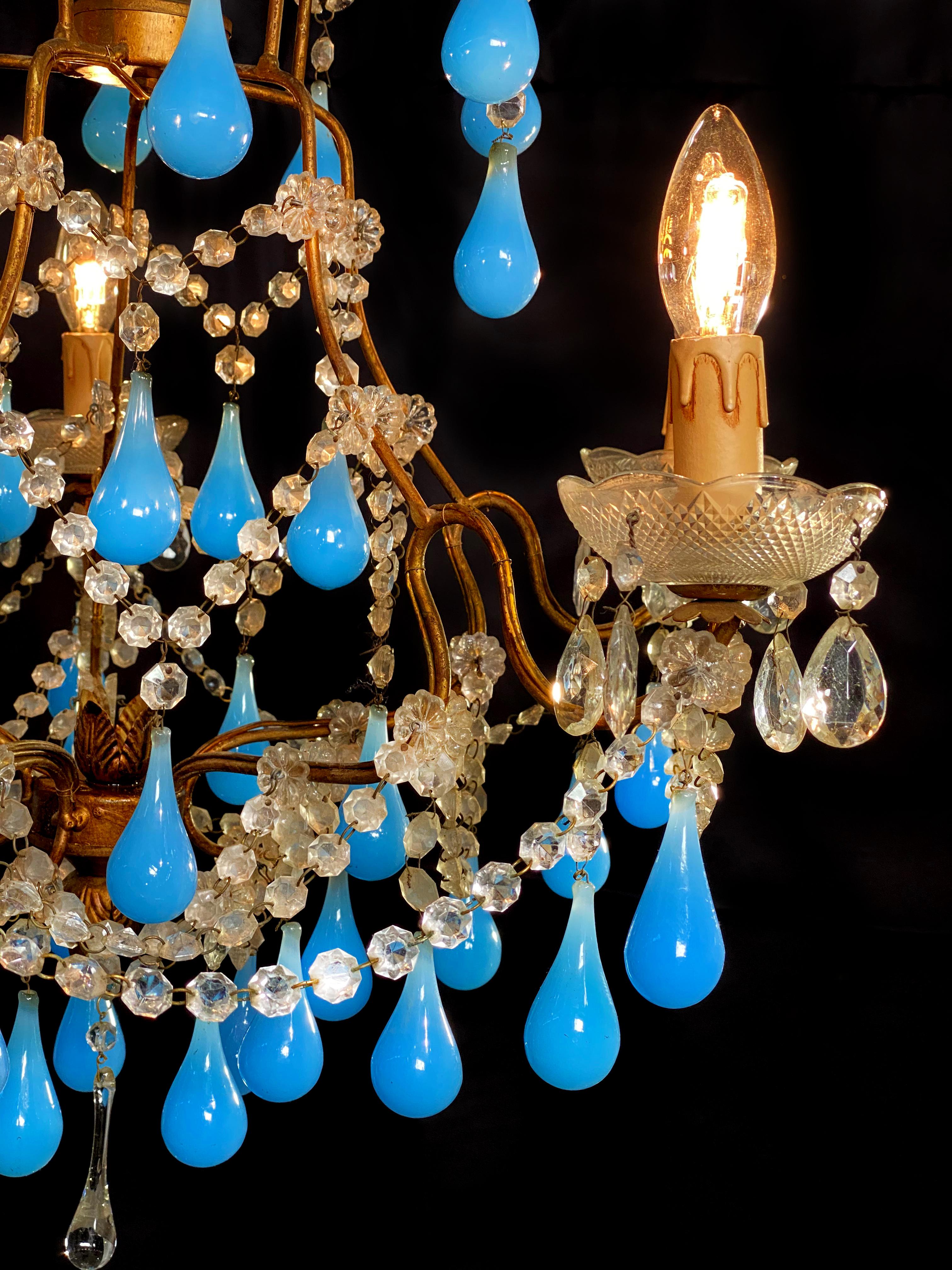 20th Century Murano Chandelier Blue Drops Glass, 1950s