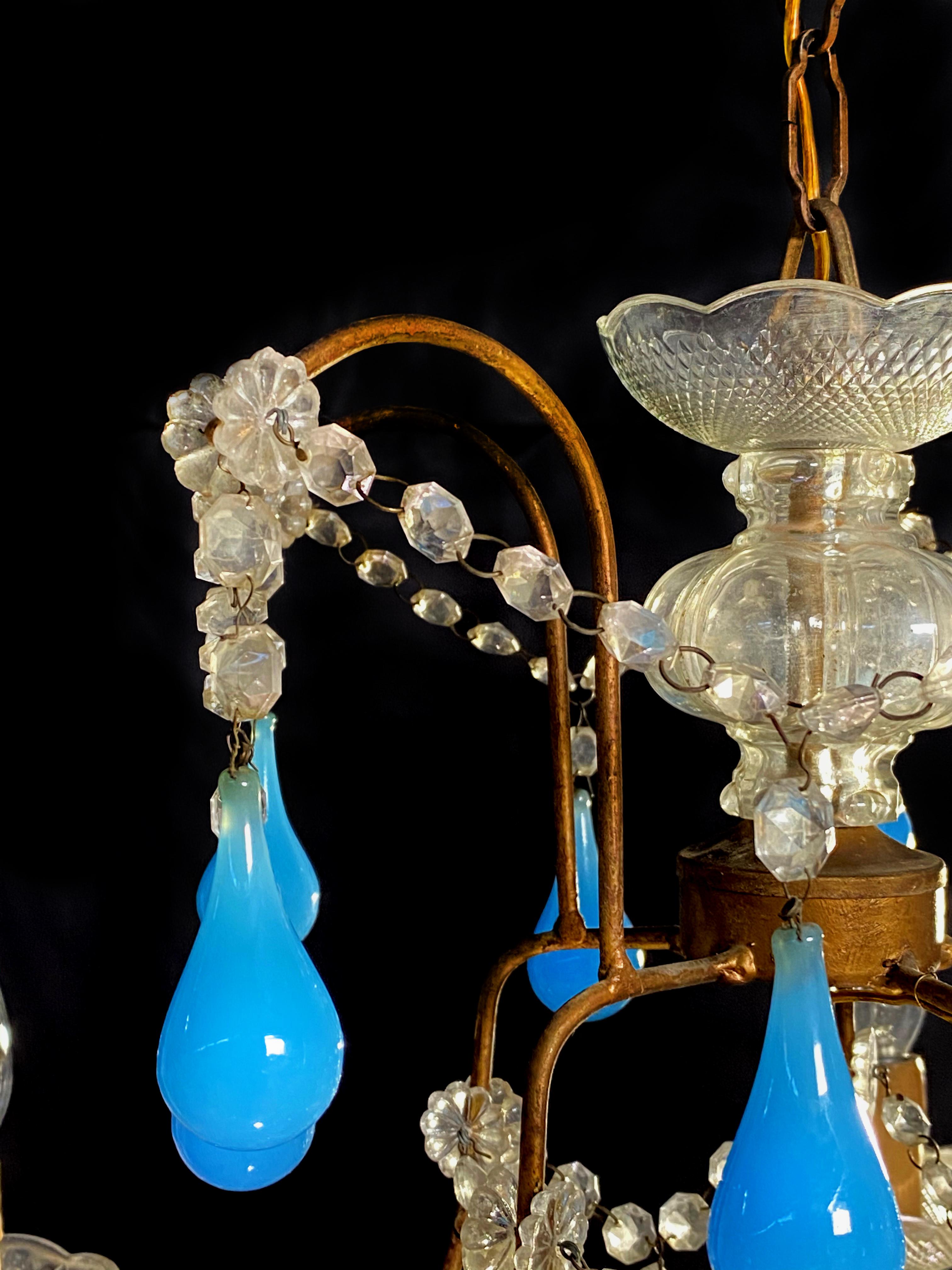 Iron Murano Chandelier Blue Drops Glass, 1950s