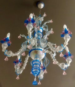 Andromeda Baroque Style Hand-Crafted Blue and Pink Murano Glass Chandelier, 1993